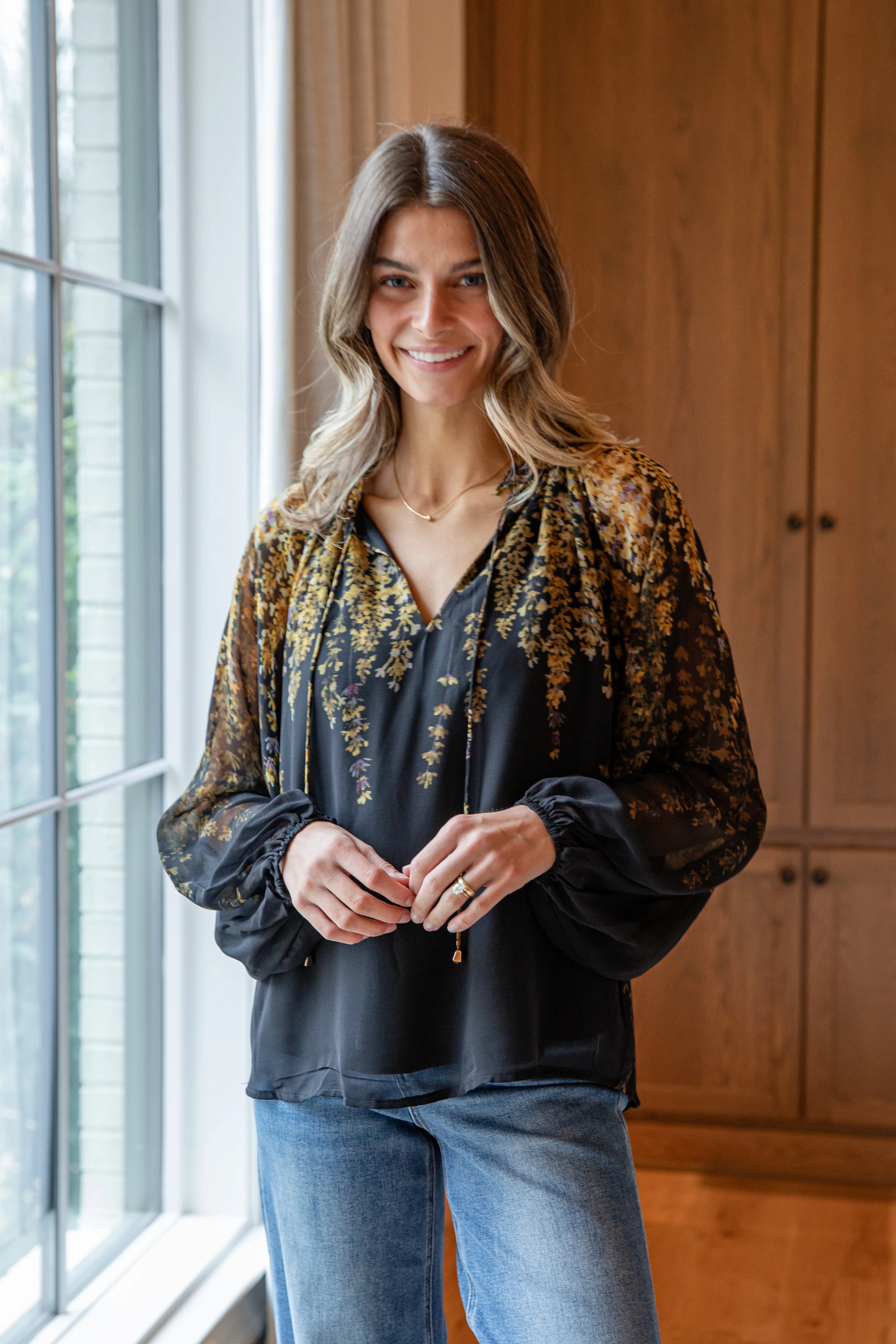 Golden Petal Evening Black Blouse