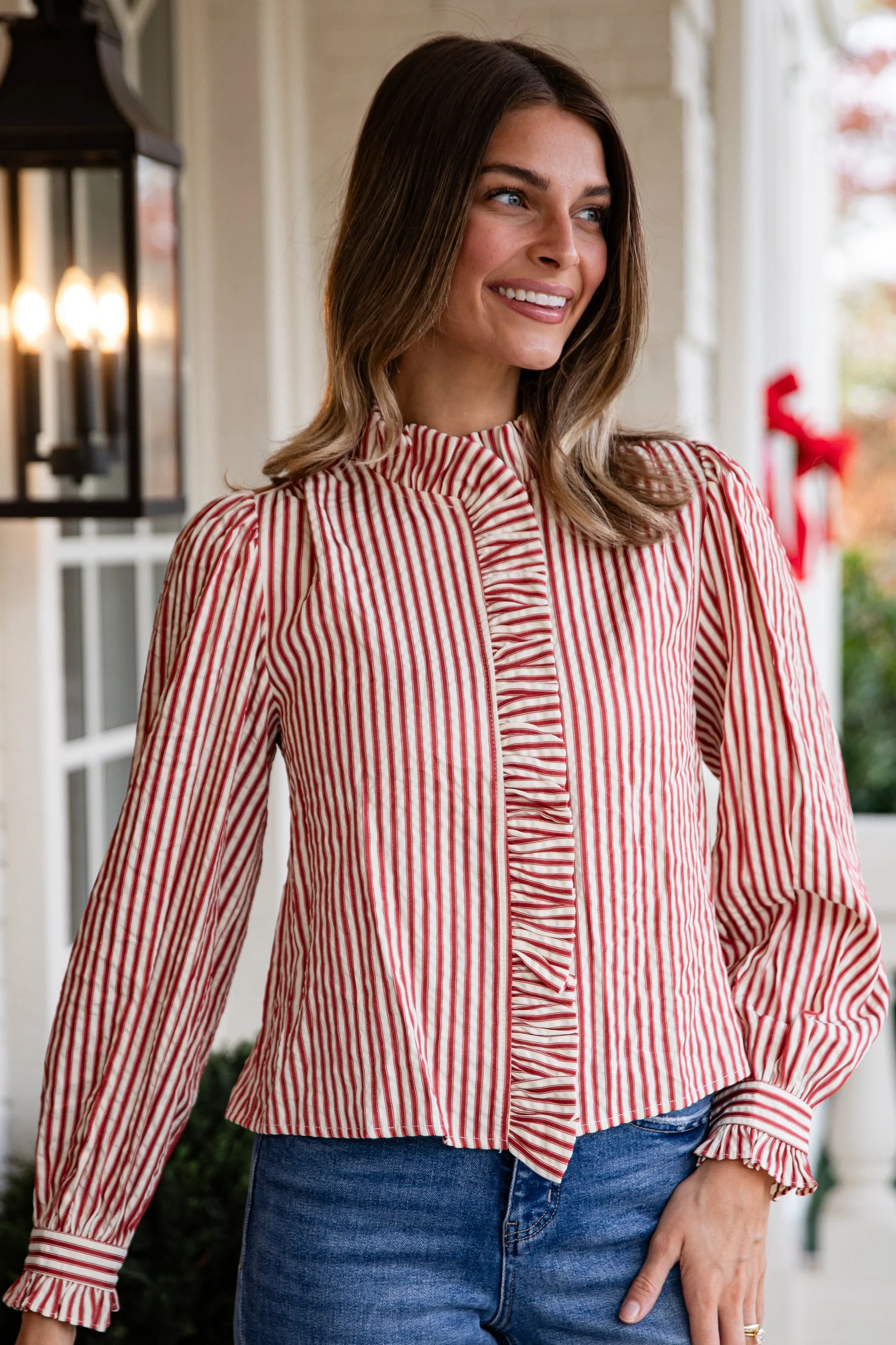 Candy Cane Ruffle Red Stripe Blouse