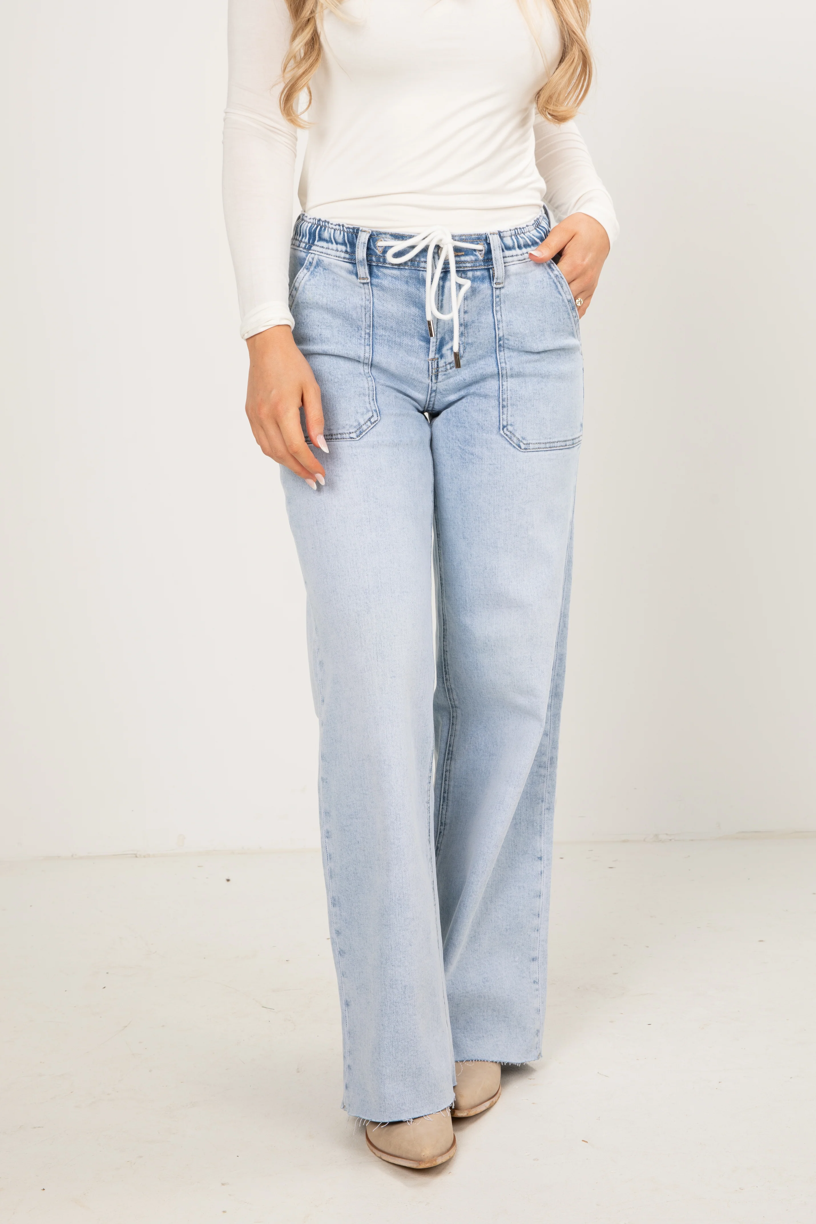 Ali Light Wash High-Rise Drawstring Wide Leg Jeans