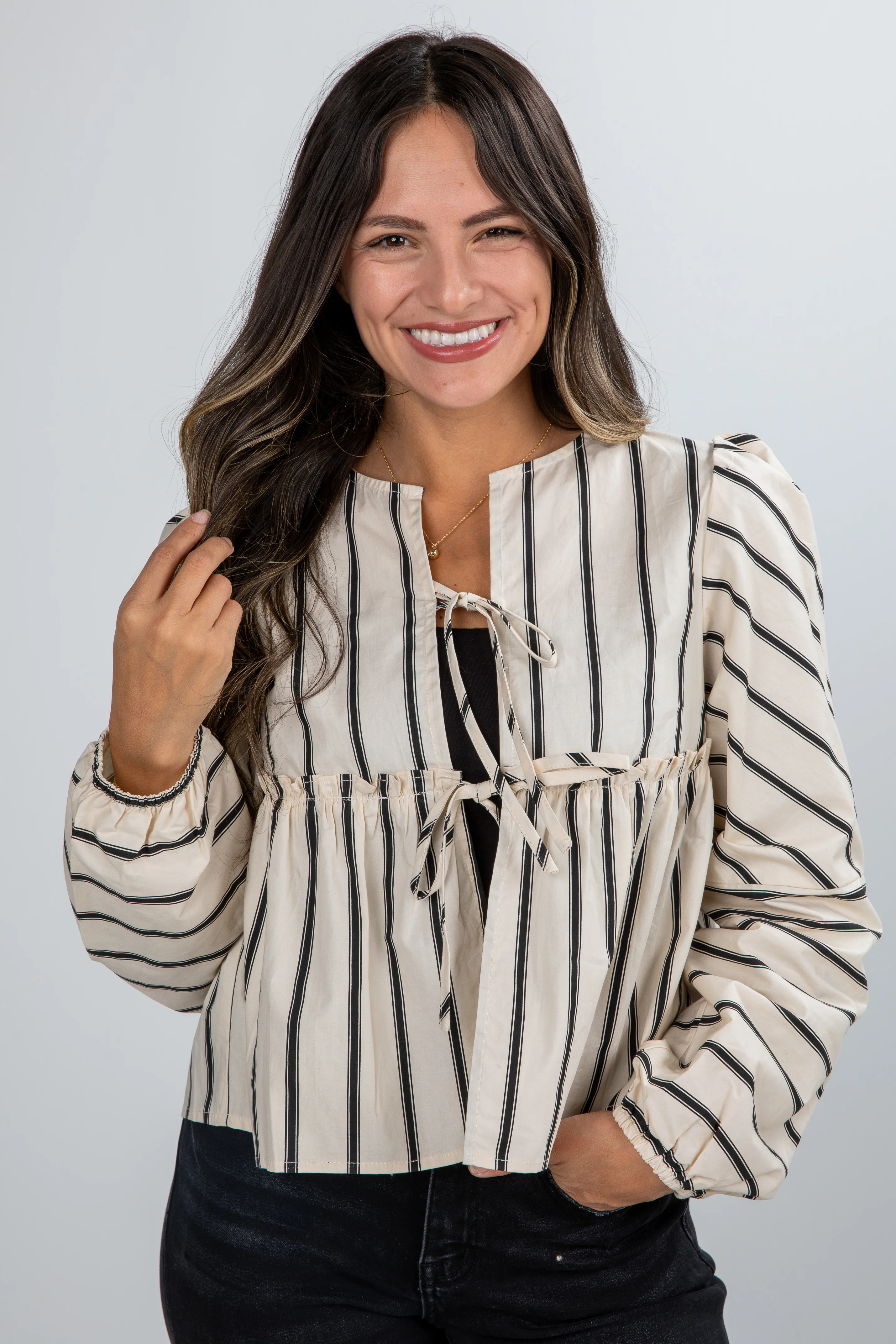 FINAL SALE - Classy Attitude Cream Striped Tie Blouse