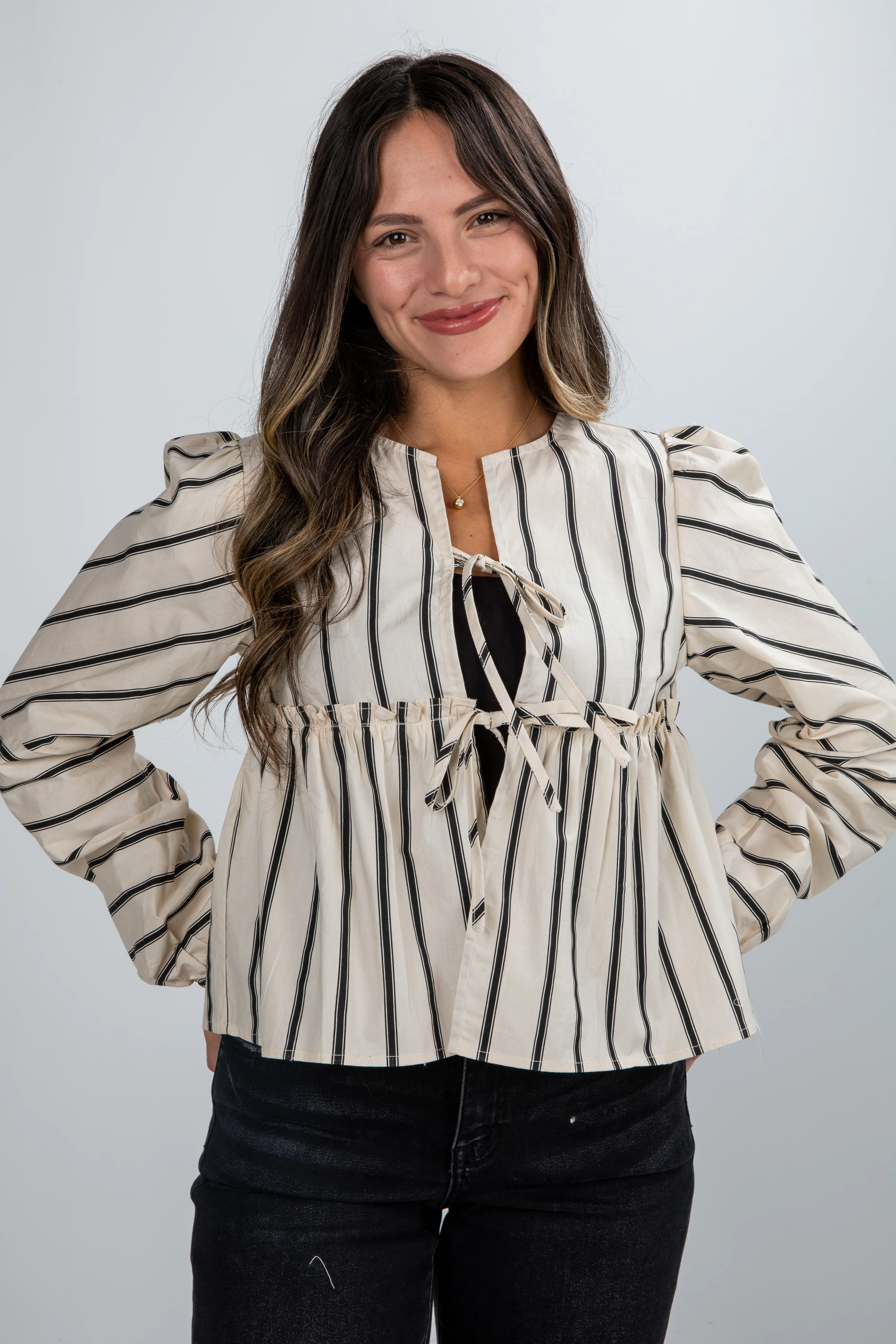 FINAL SALE - Classy Attitude Cream Striped Tie Blouse