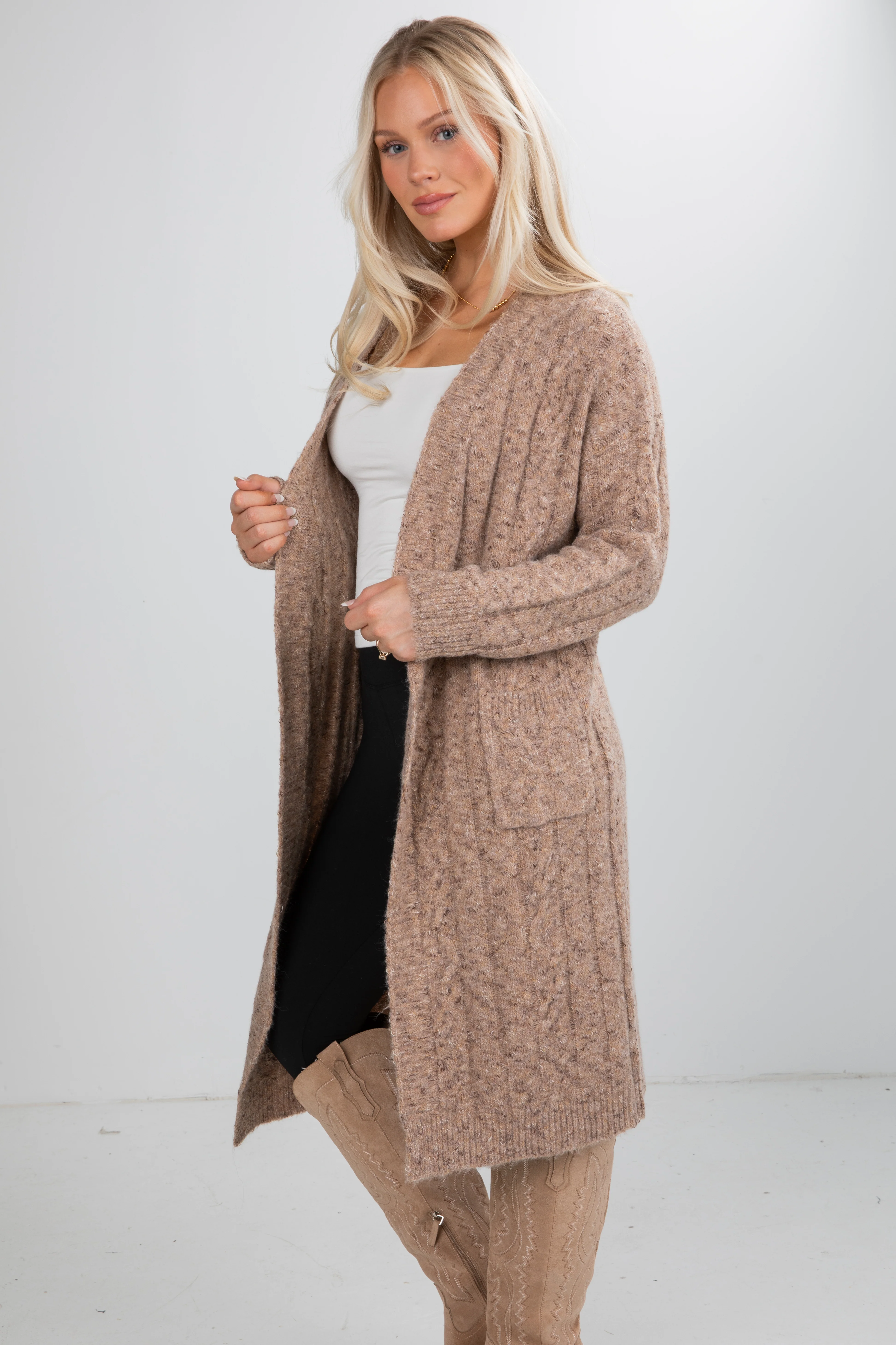 FINAL SALE - Frosty Day Mocha Cable Knit Longline Cardigan