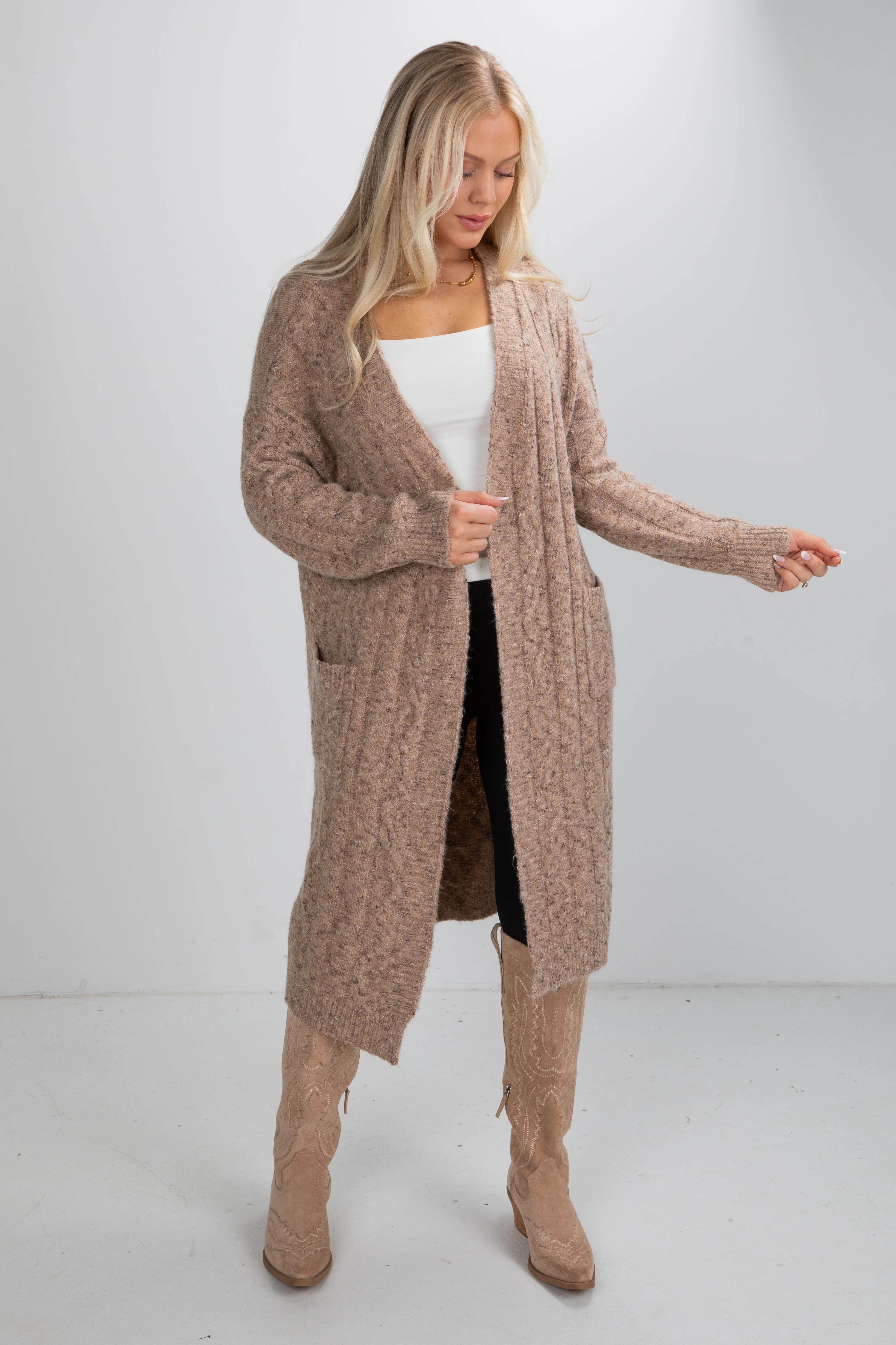 FINAL SALE - Frosty Day Mocha Cable Knit Longline Cardigan
