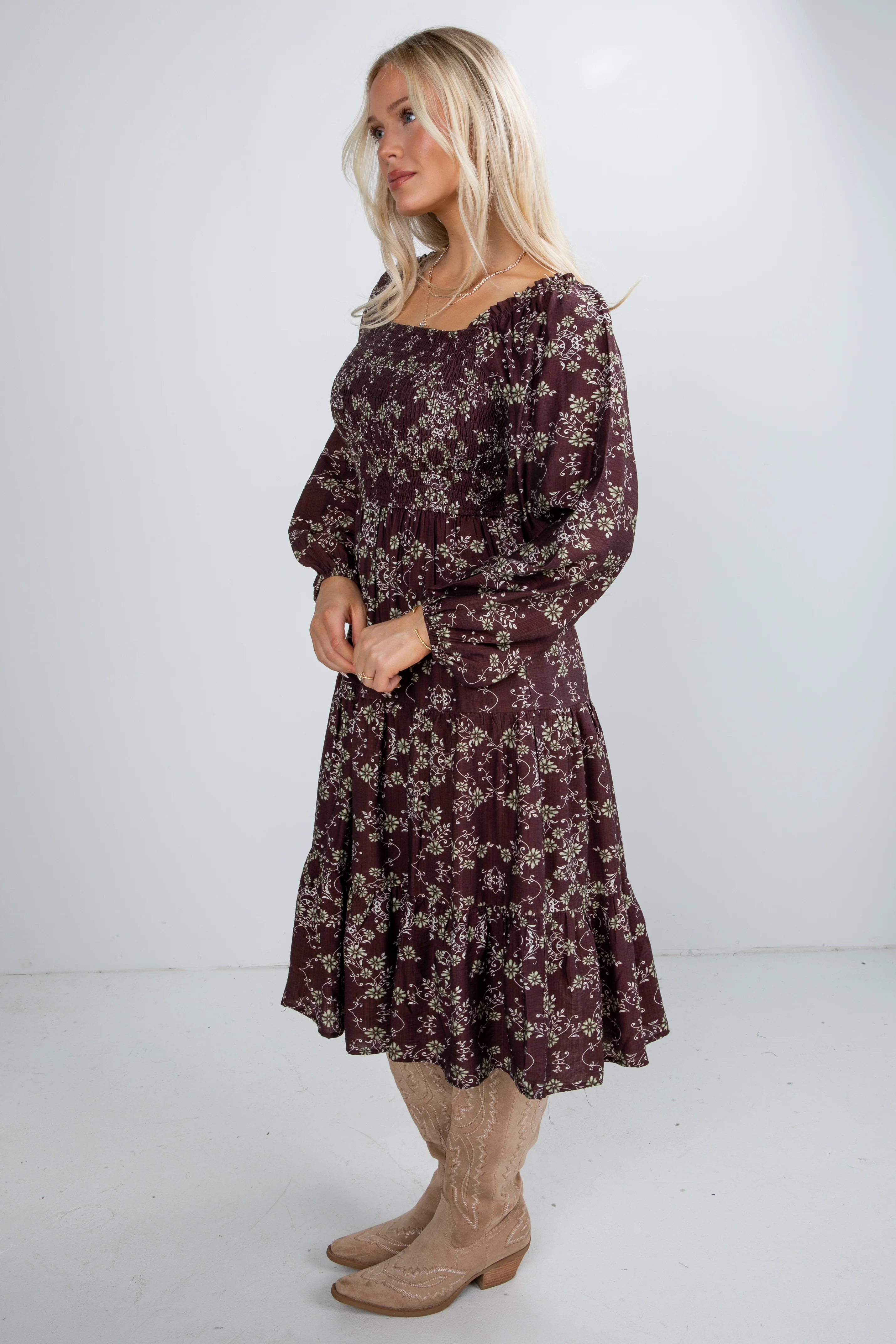 FINAL SALE - Feeling Inspired Brown Floral Smocked Midi Dress 3 FINAL SALE - Feeling Inspired Brown Floral Smocked Midi Dress