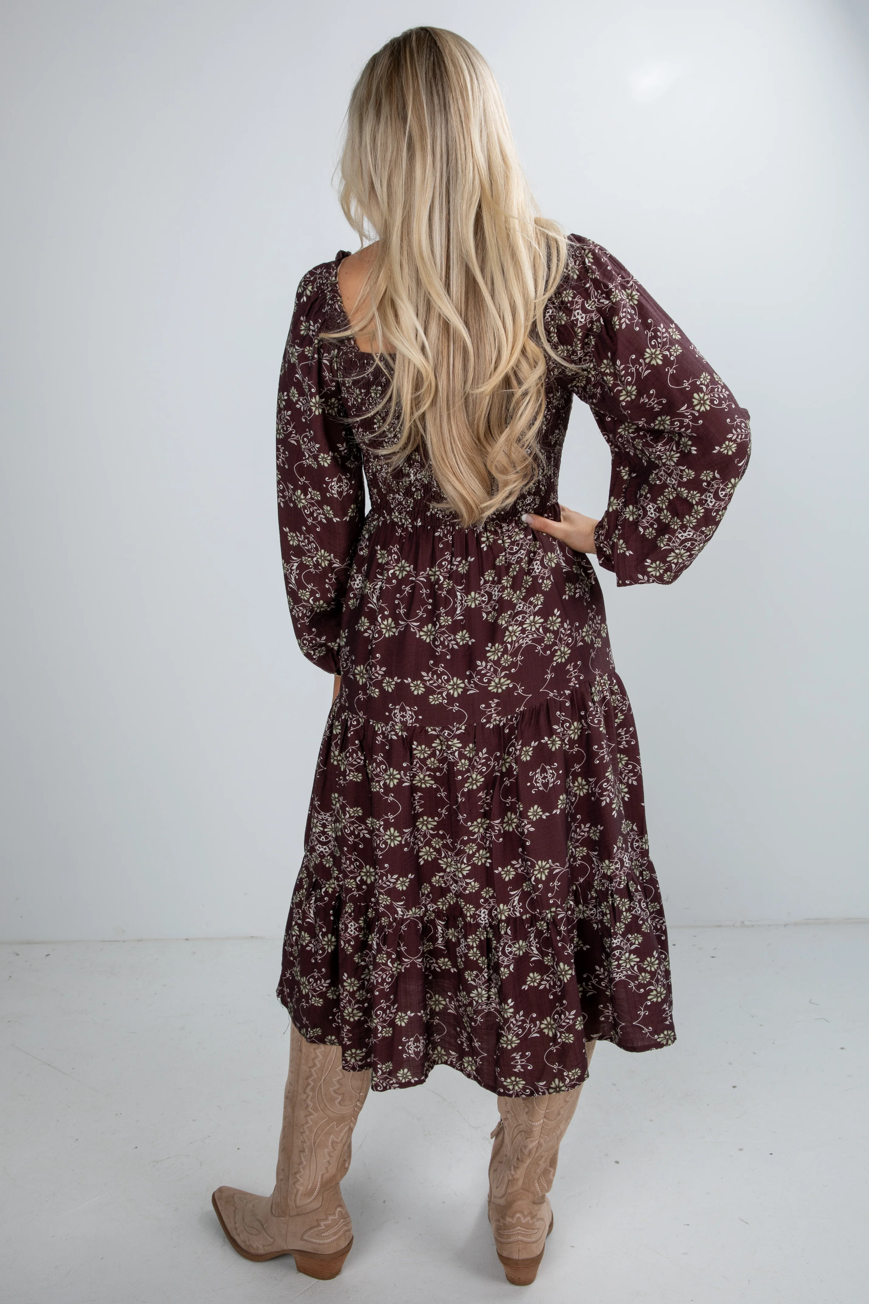 FINAL SALE - Feeling Inspired Brown Floral Smocked Midi Dress 4 FINAL SALE - Feeling Inspired Brown Floral Smocked Midi Dress