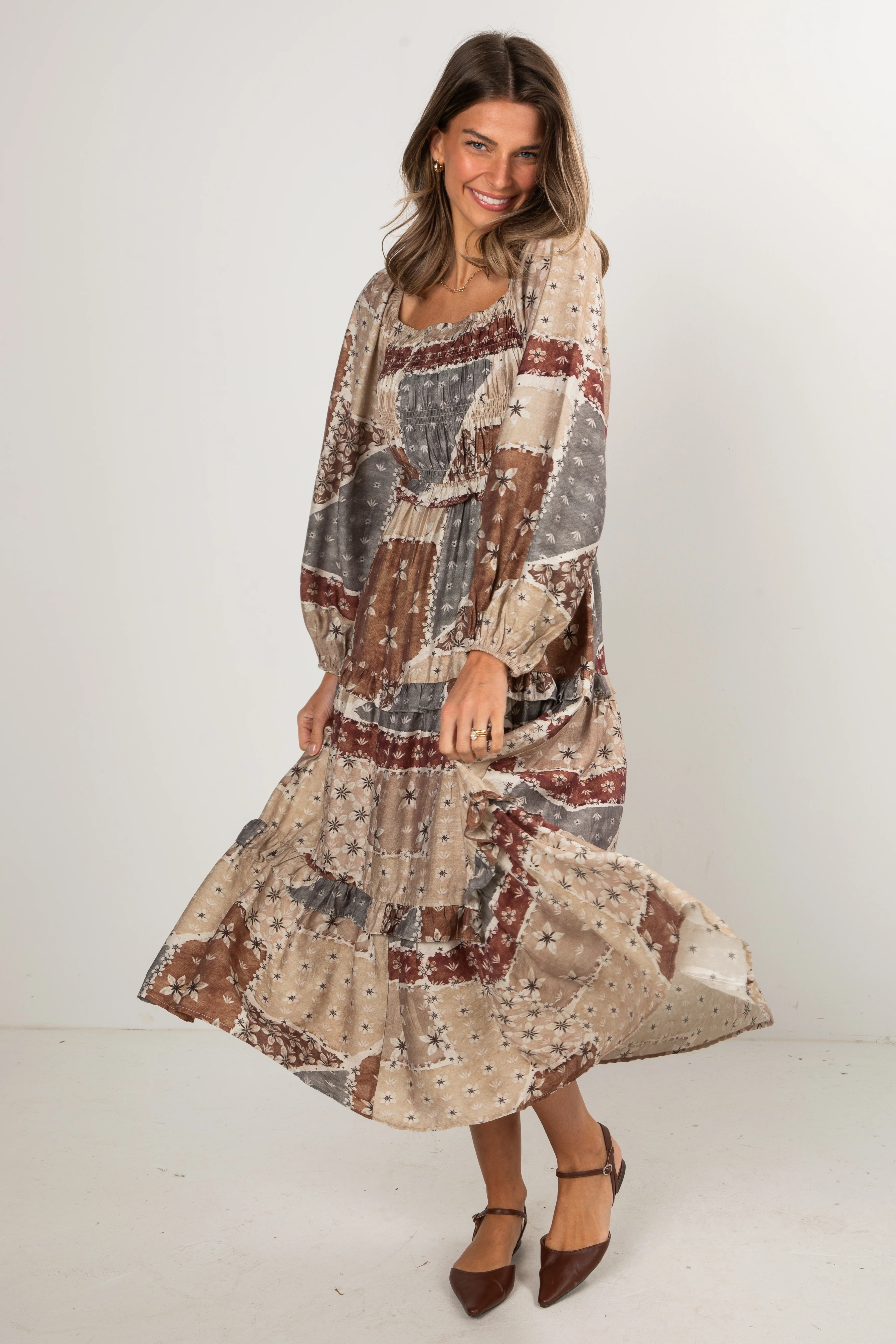 FINAL SALE - Big Day Taupe Floral Patchwork Tiered Maxi Dress