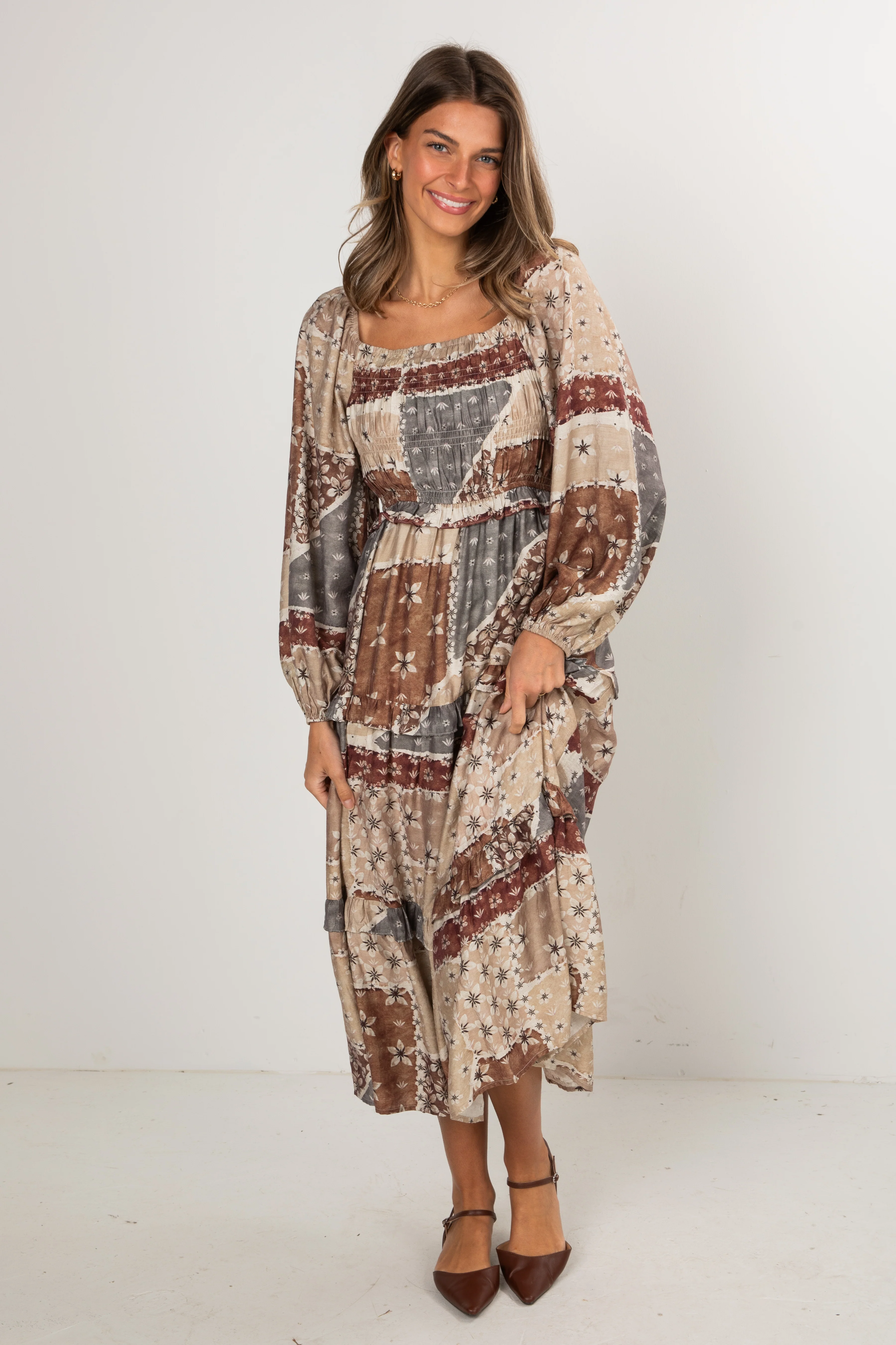 FINAL SALE - Big Day Taupe Floral Patchwork Tiered Maxi Dress