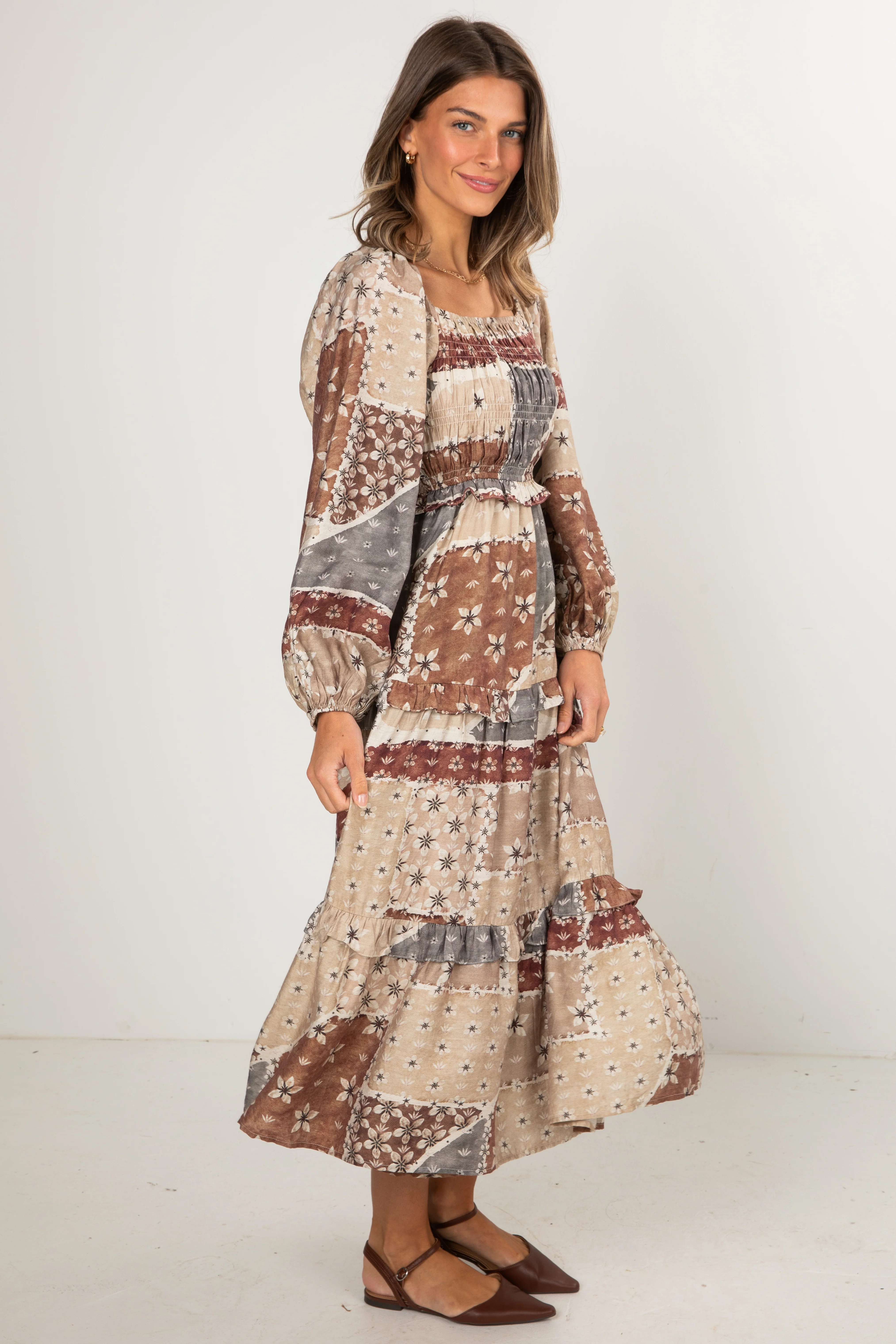 FINAL SALE - Big Day Taupe Floral Patchwork Tiered Maxi Dress