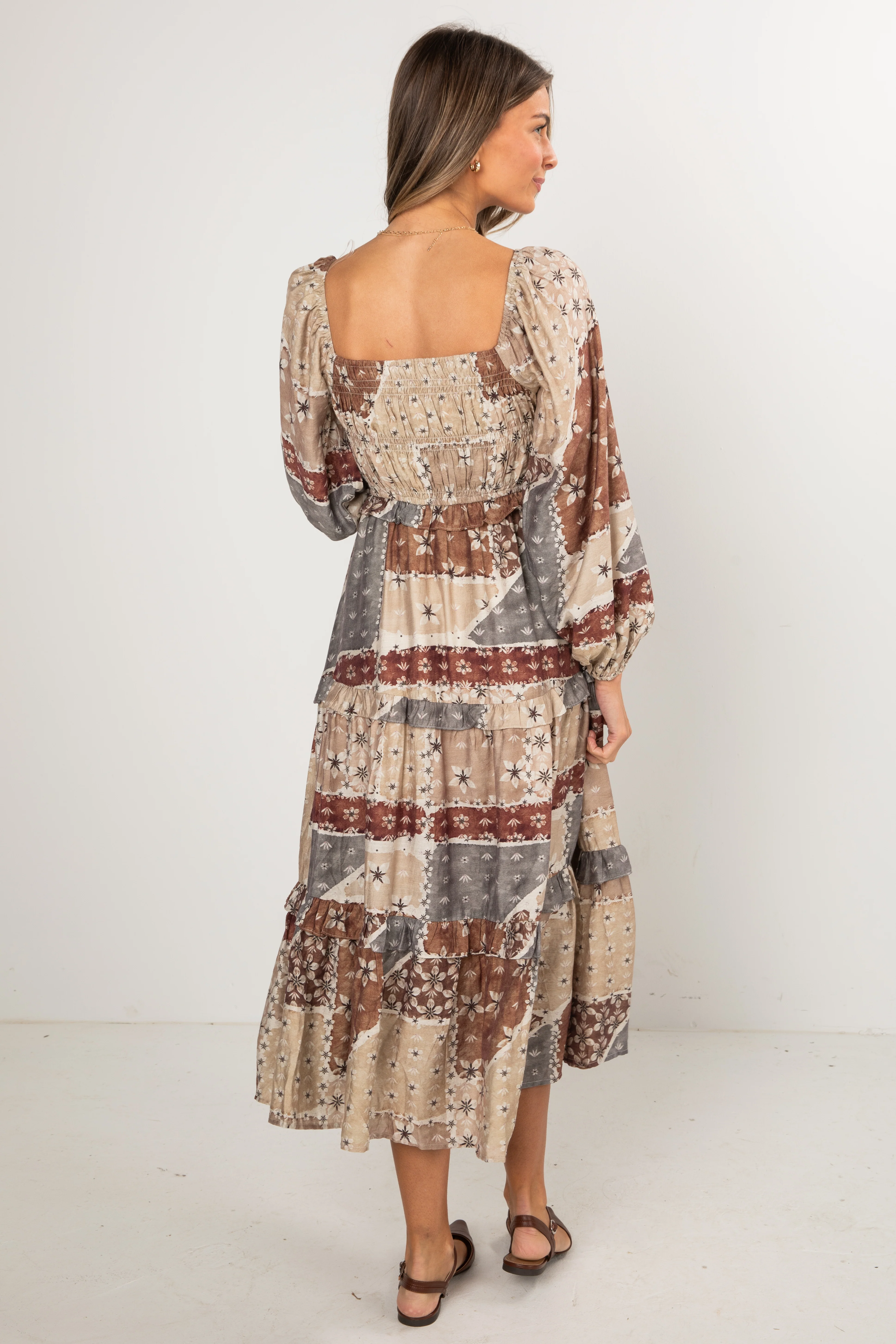 FINAL SALE - Big Day Taupe Floral Patchwork Tiered Maxi Dress