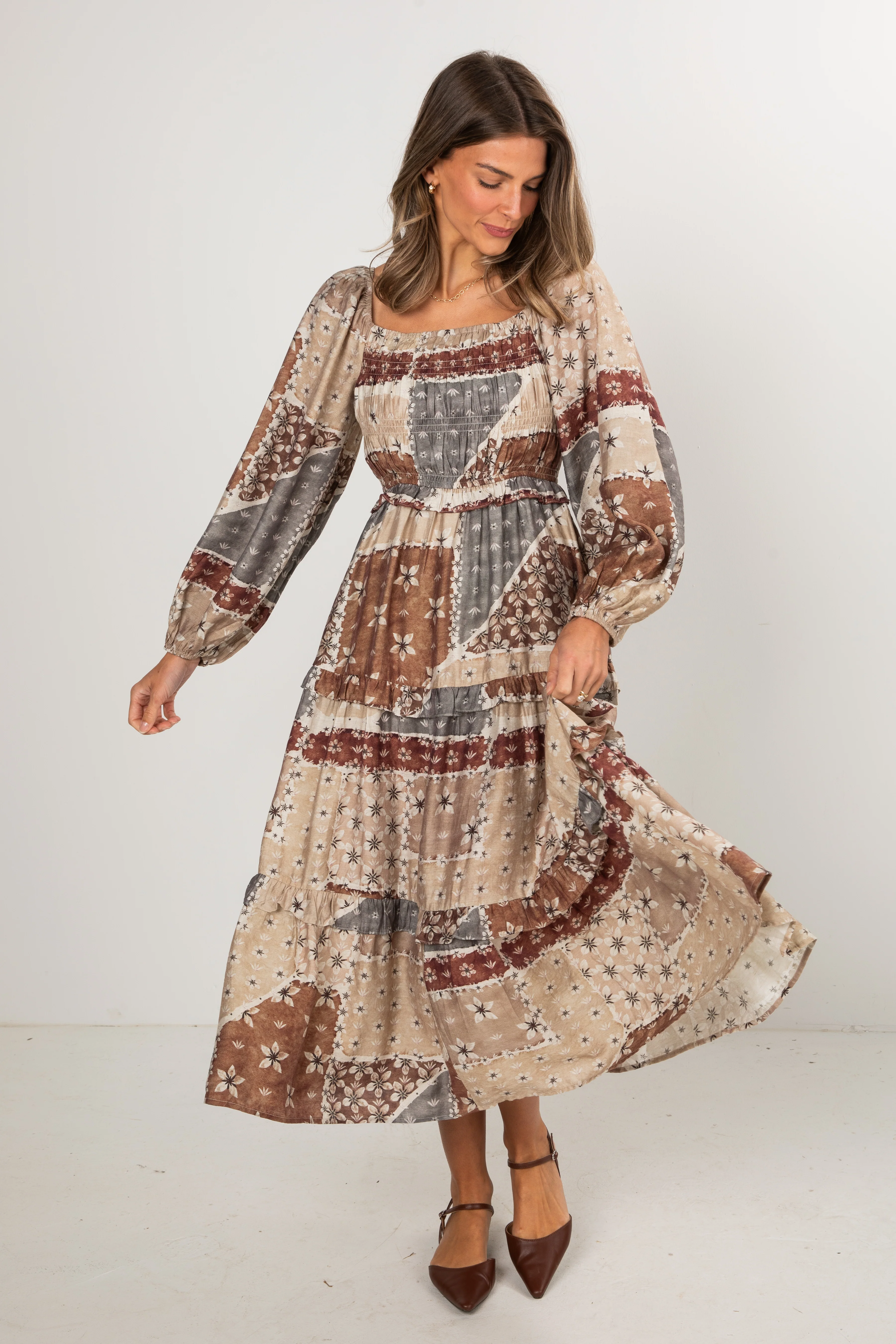 FINAL SALE - Big Day Taupe Floral Patchwork Tiered Maxi Dress