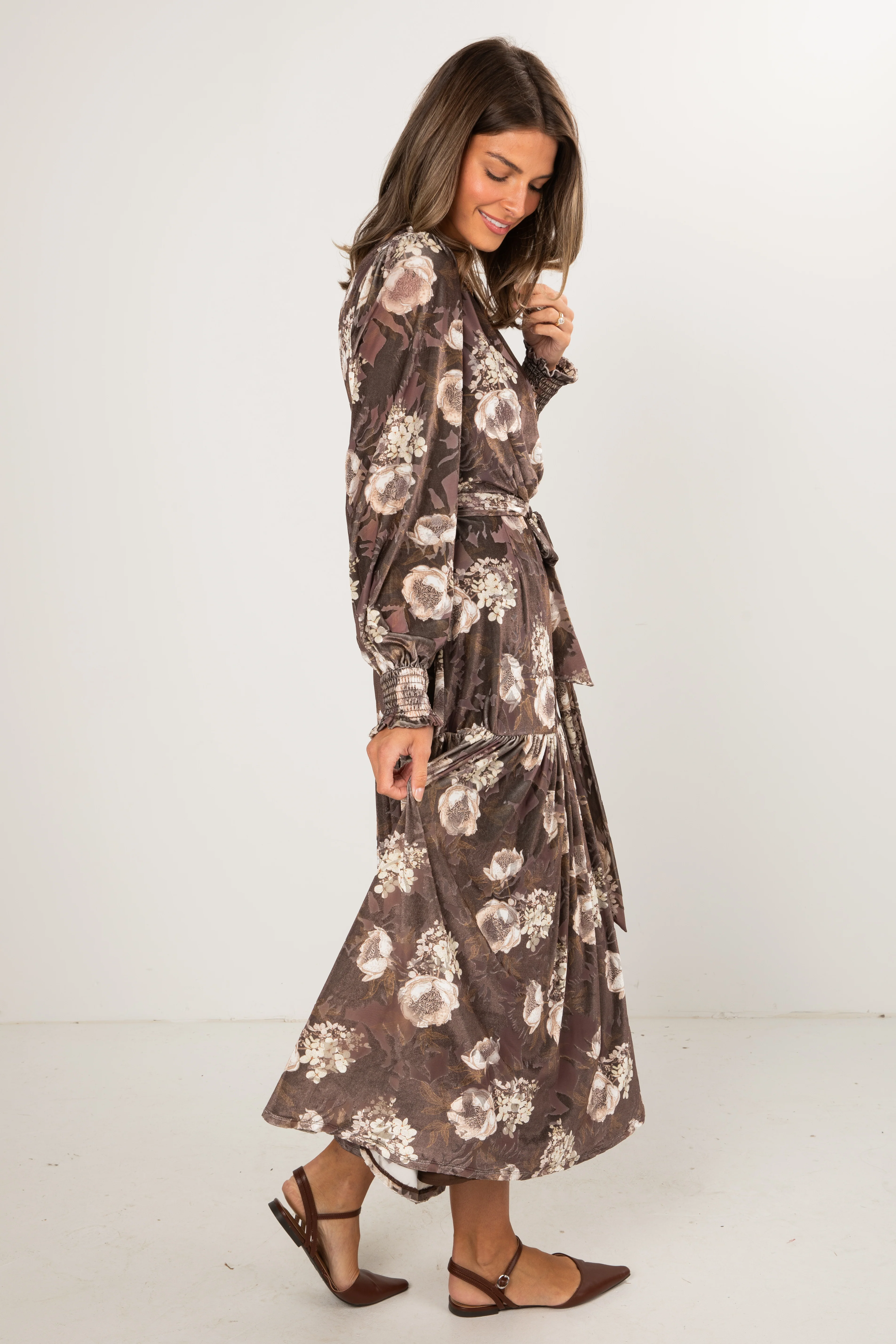 FINAL SALE - Dreaming Of The Day Brown Floral Velvet Maxi Dress