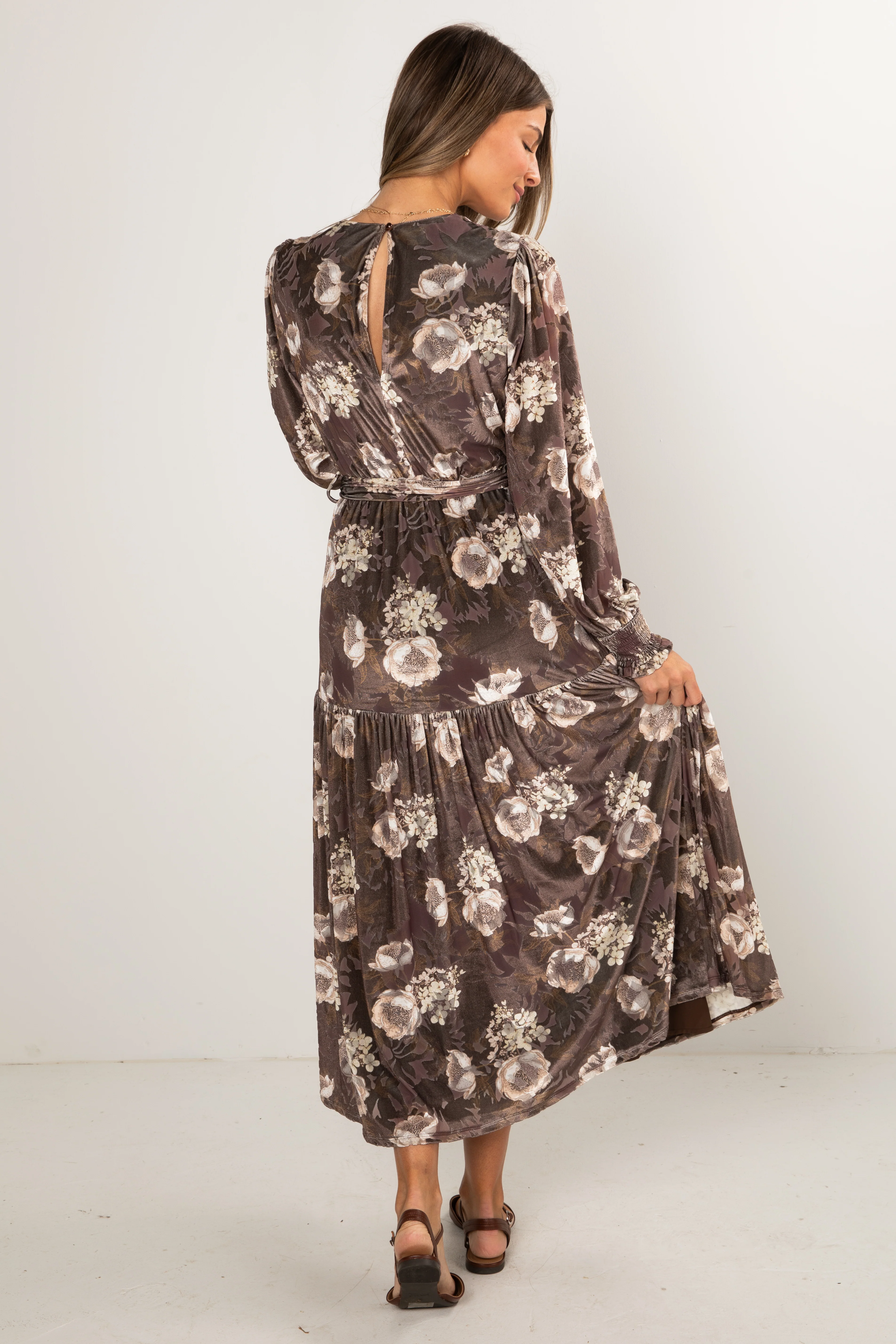 FINAL SALE - Dreaming Of The Day Brown Floral Velvet Maxi Dress