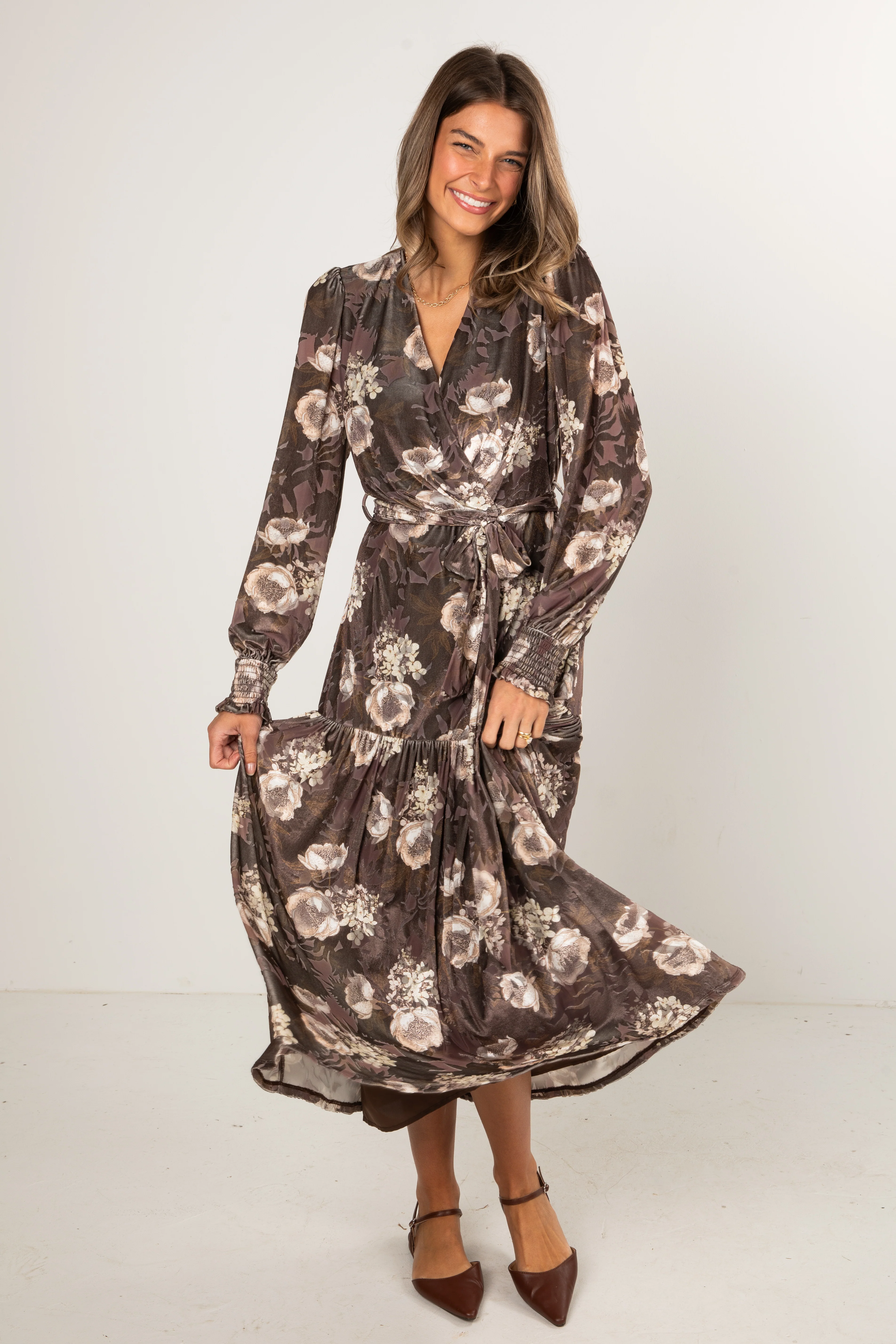FINAL SALE - Dreaming Of The Day Brown Floral Velvet Maxi Dress