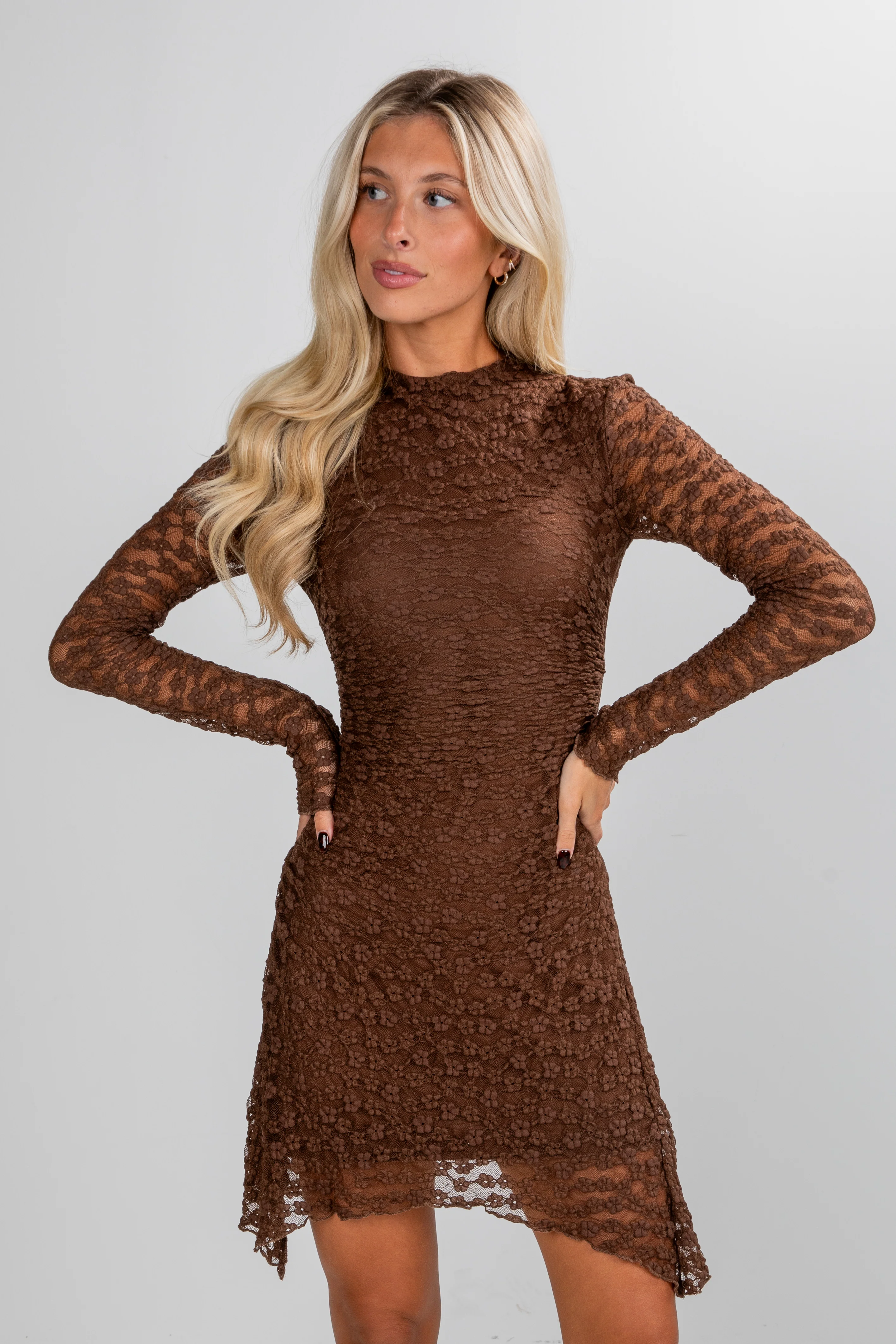 FINAL SALE - Simply Perfect Brown Floral Lace Mini Dress