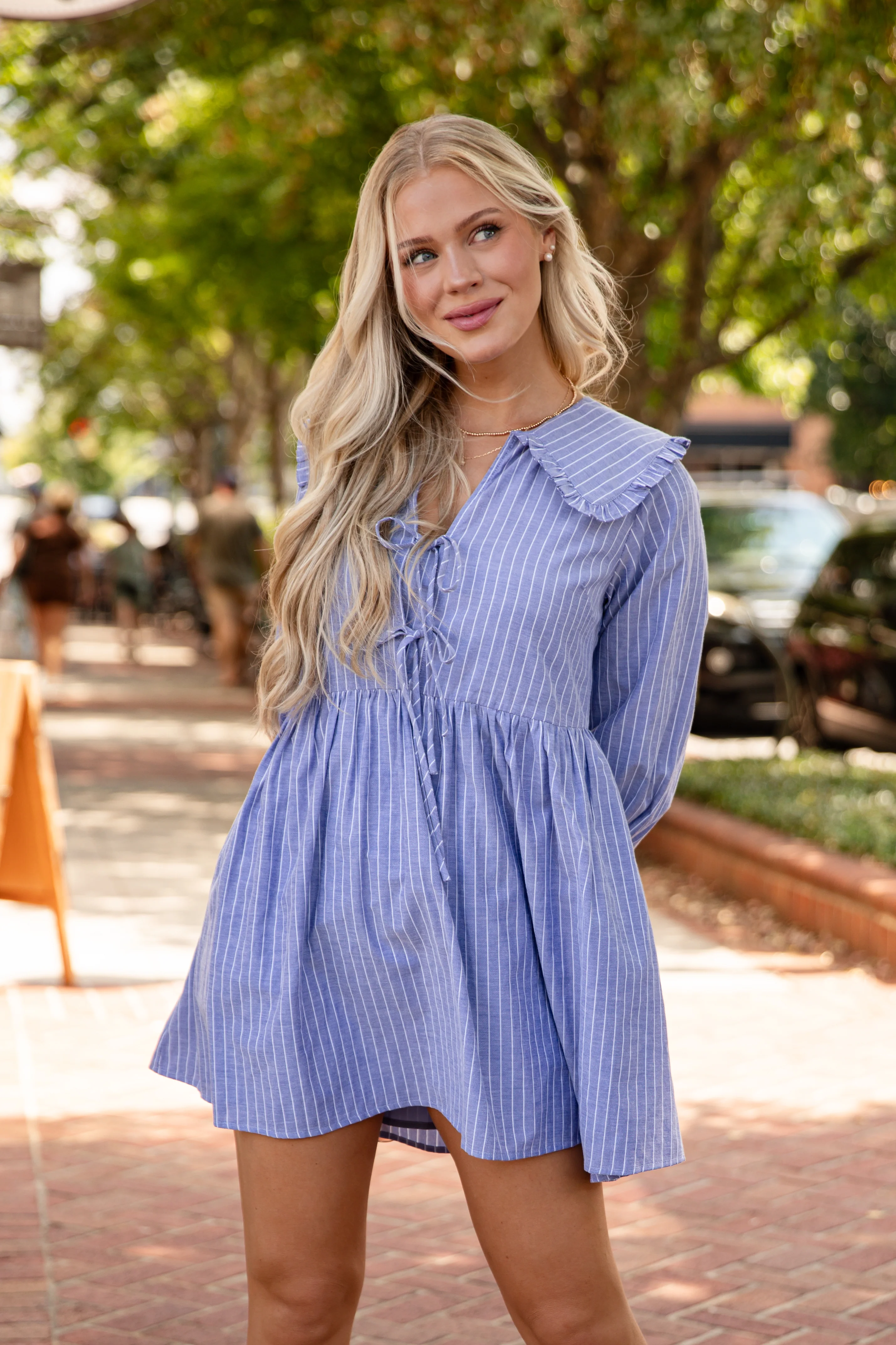 FINAL SALE - Romantic History Denim Striped Babydoll Mini Dress