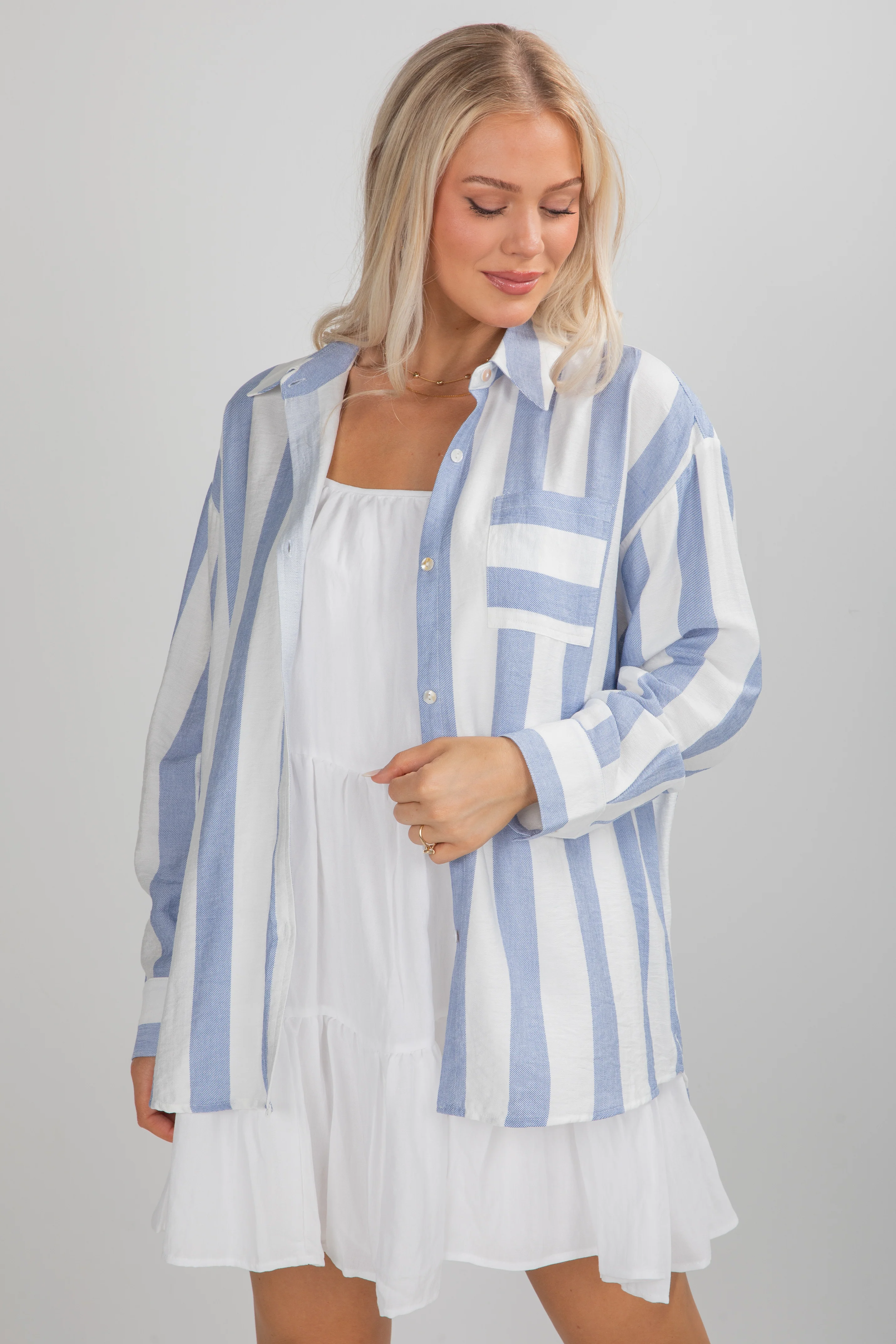Essential Fit Light Blue Striped Button-Up Blouse