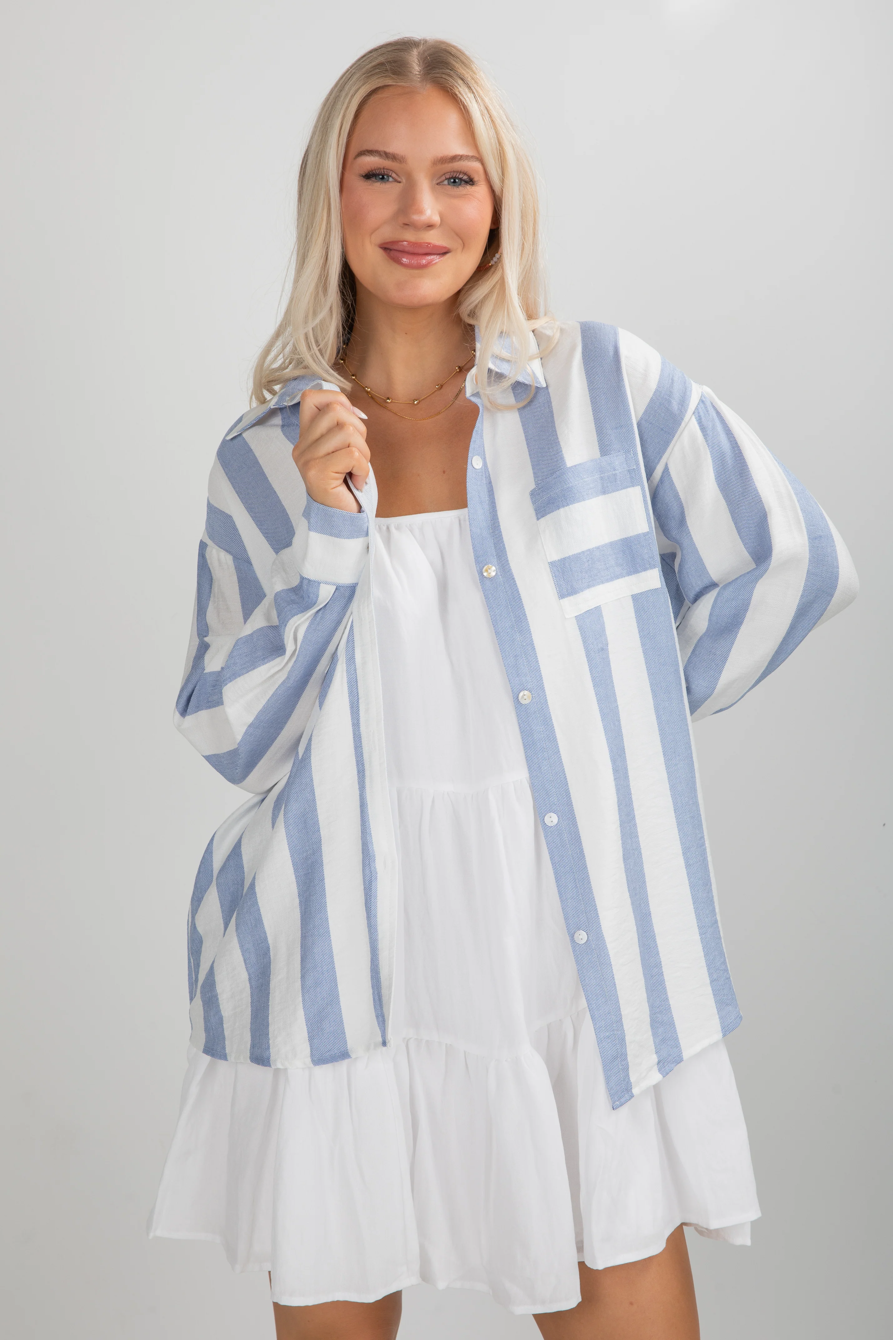 Essential Fit Light Blue Striped Button-Up Blouse