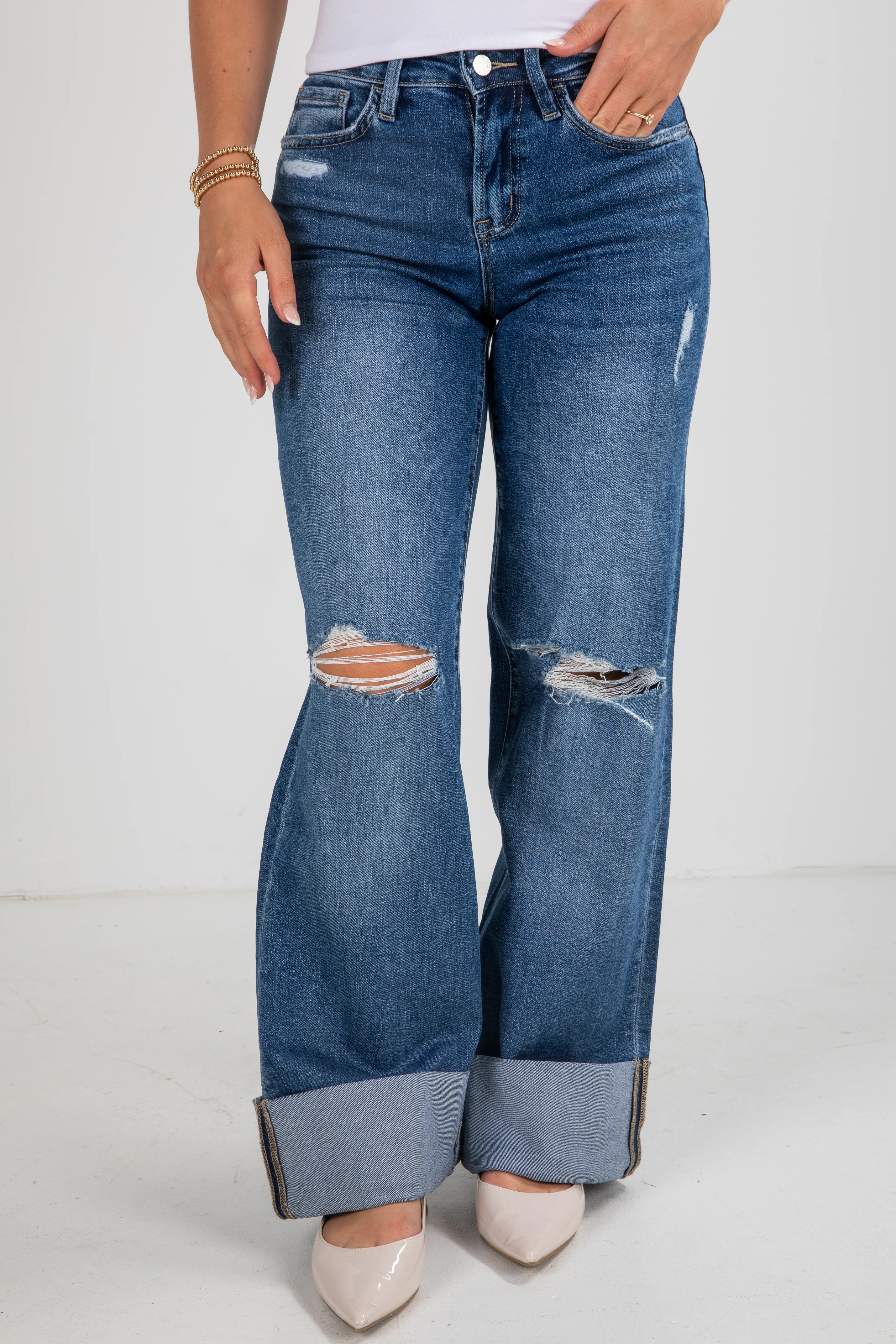 Audrey Medium Wash High-Rise Cuffed Wide Leg Jeans