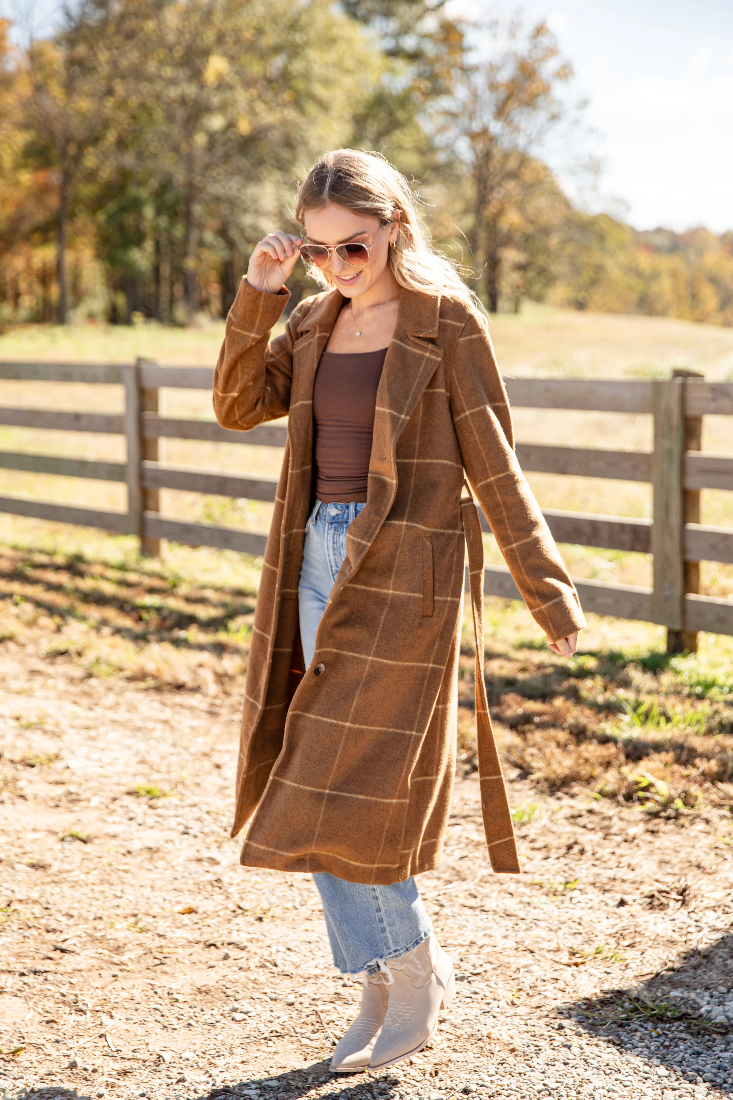 FINAL SALE - All Of The Lights Camel Plaid Trench Coat