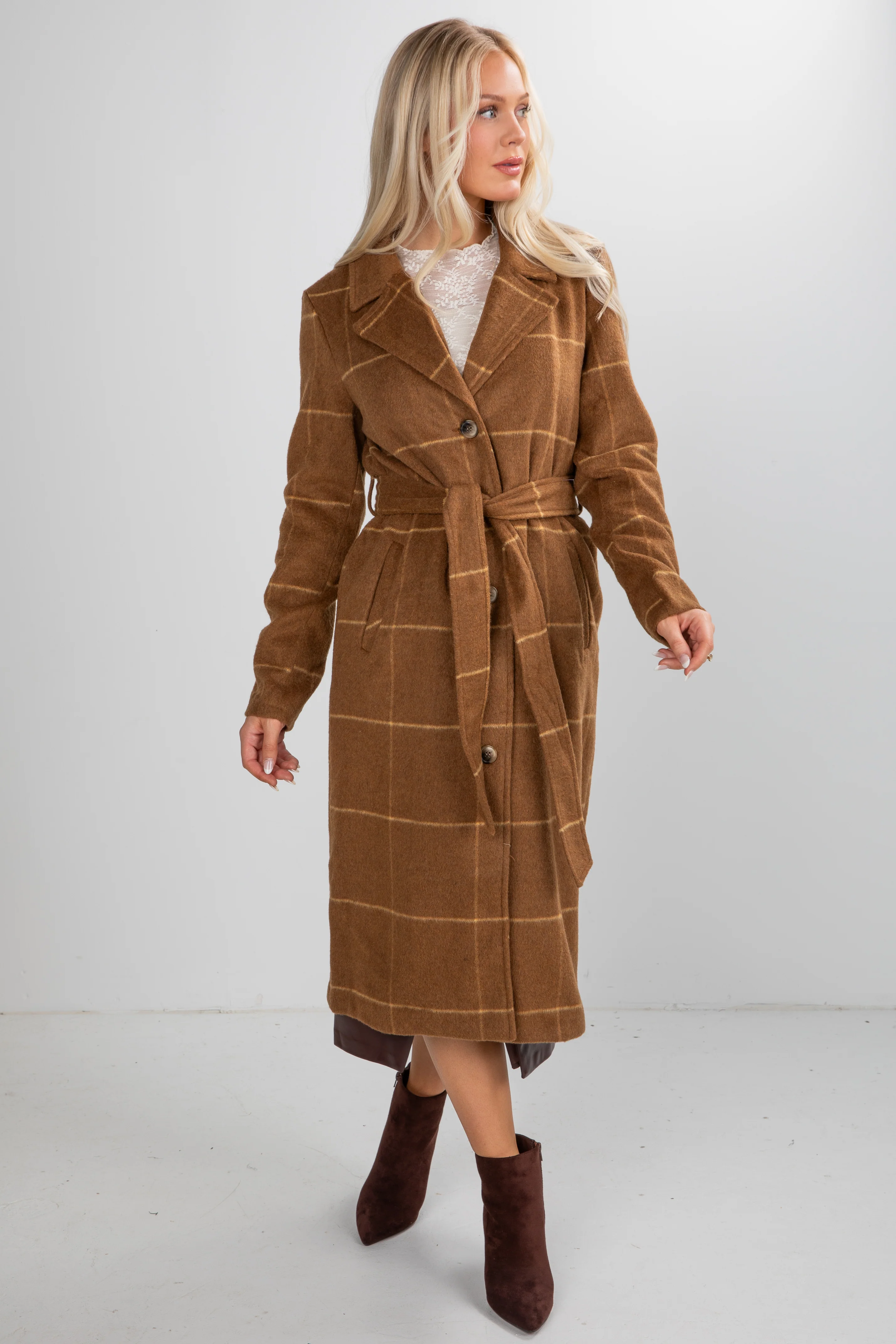 FINAL SALE - All Of The Lights Camel Plaid Trench Coat