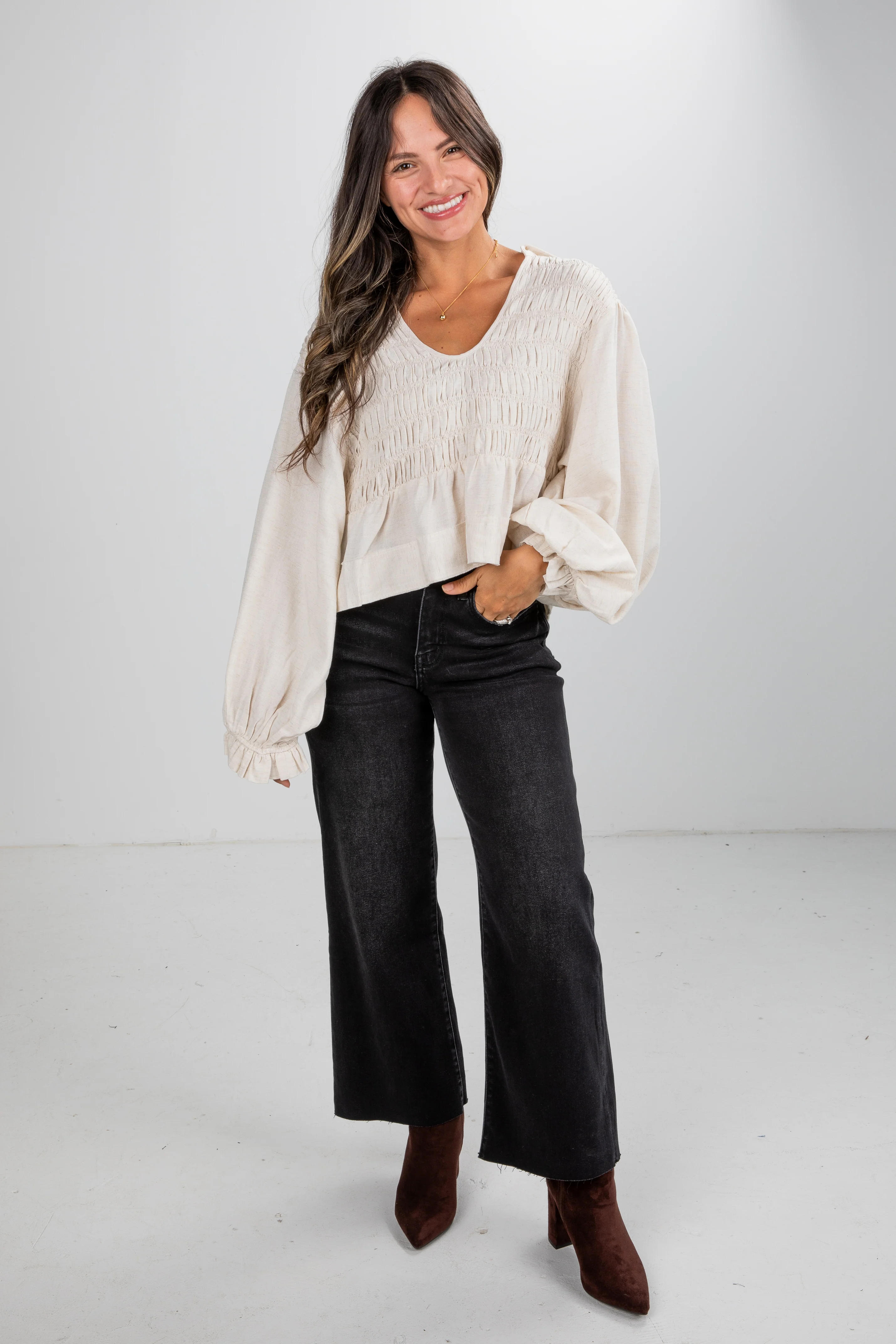FINAL SALE - All In Time Oatmeal Smocked Blouse