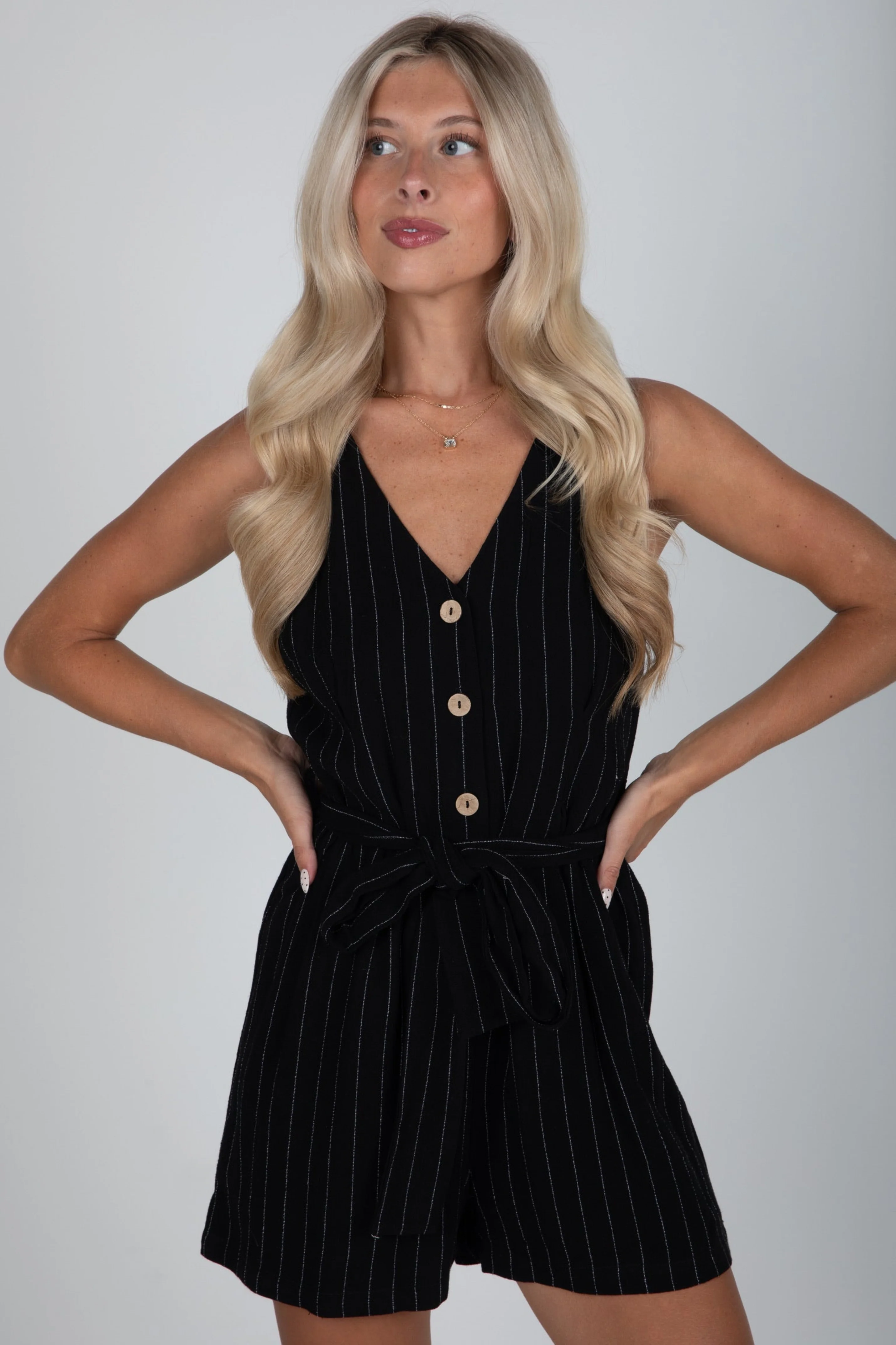FINAL SALE - Makes Me Happy Black Pinstripe Romper