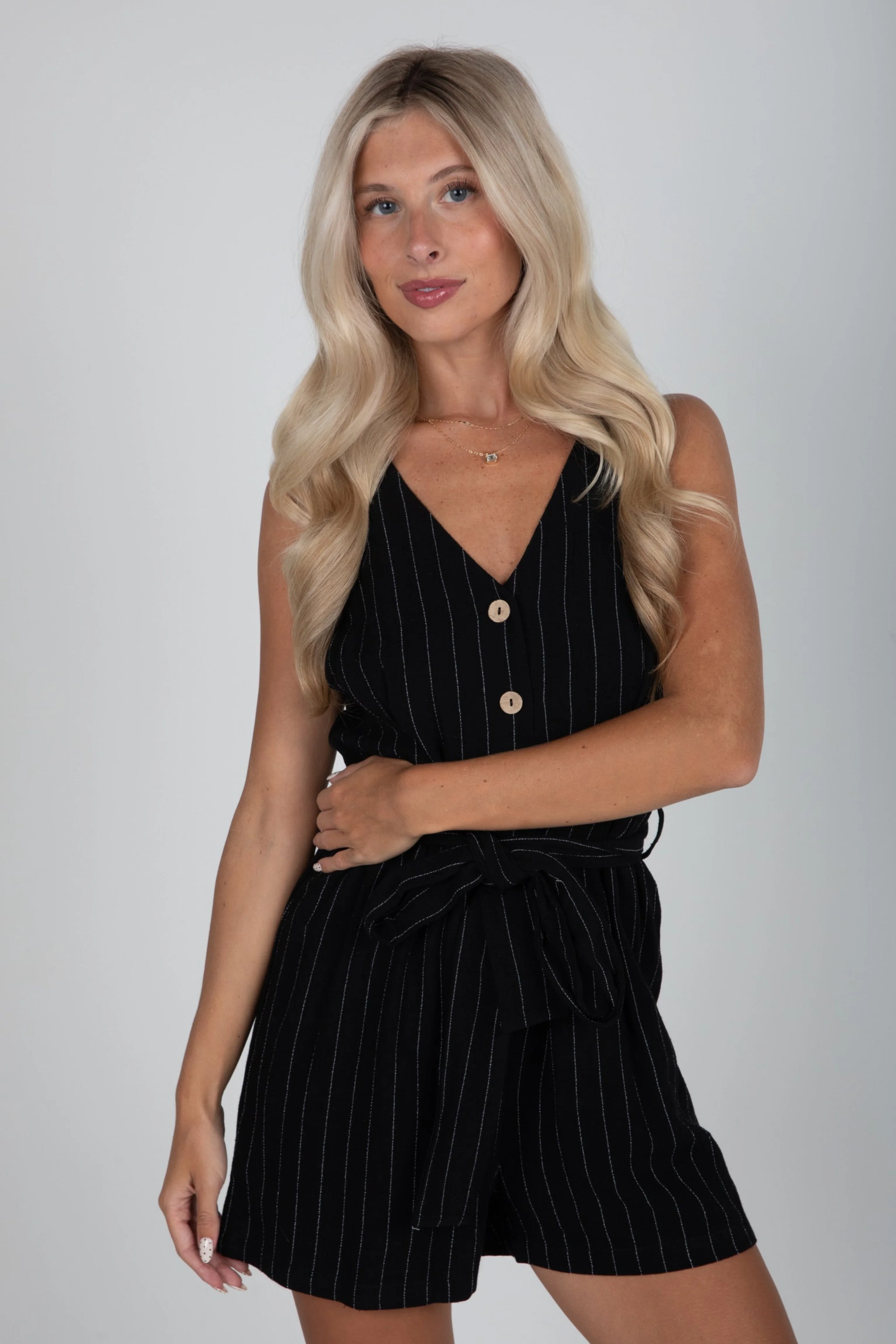 FINAL SALE - Makes Me Happy Black Pinstripe Romper