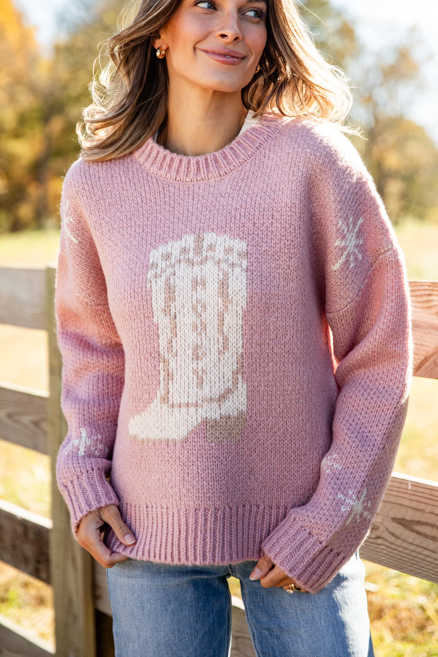 FINAL SALE - Picking Sides Blush Cowboy Boot Sweater