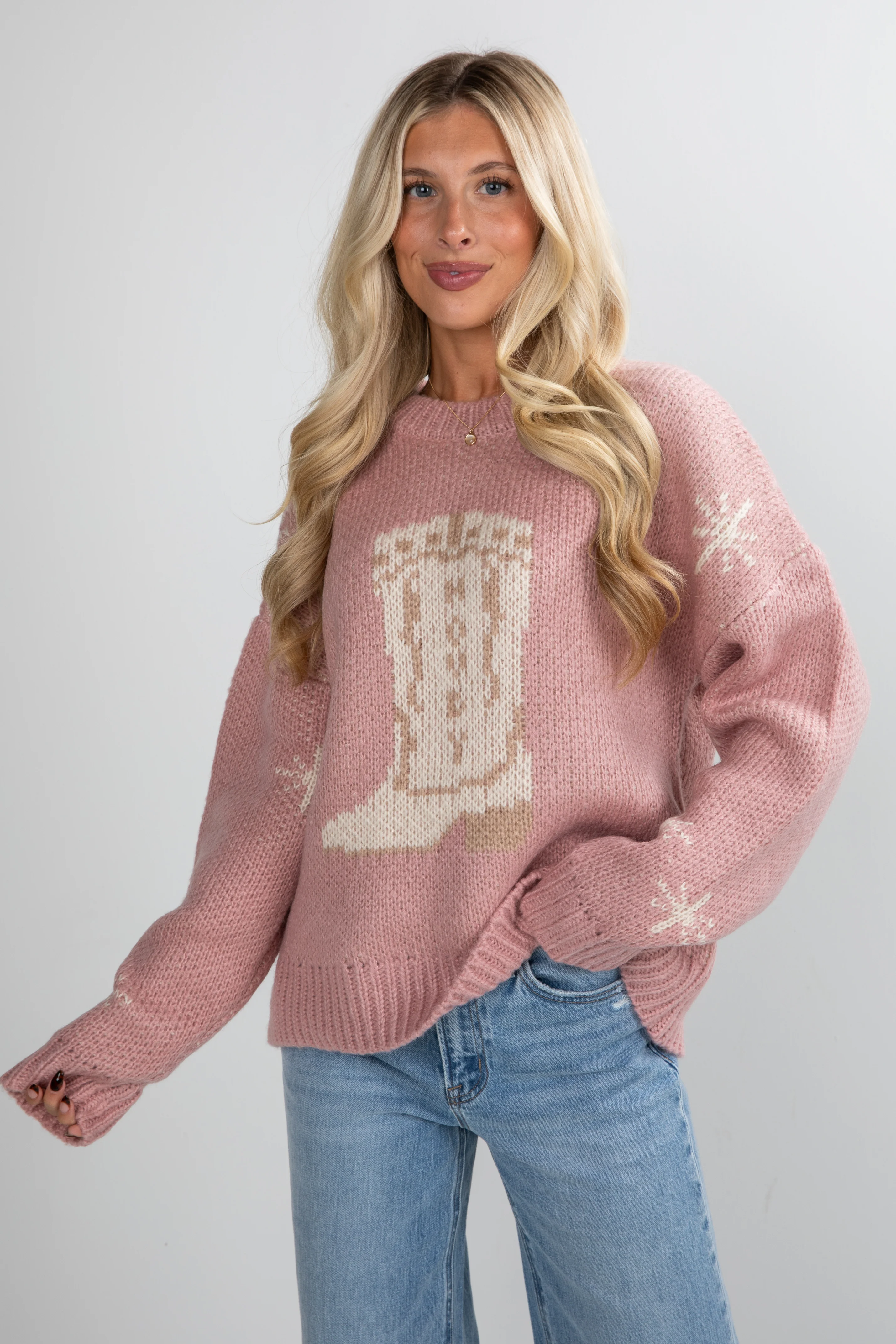 FINAL SALE - Picking Sides Blush Cowboy Boot Sweater