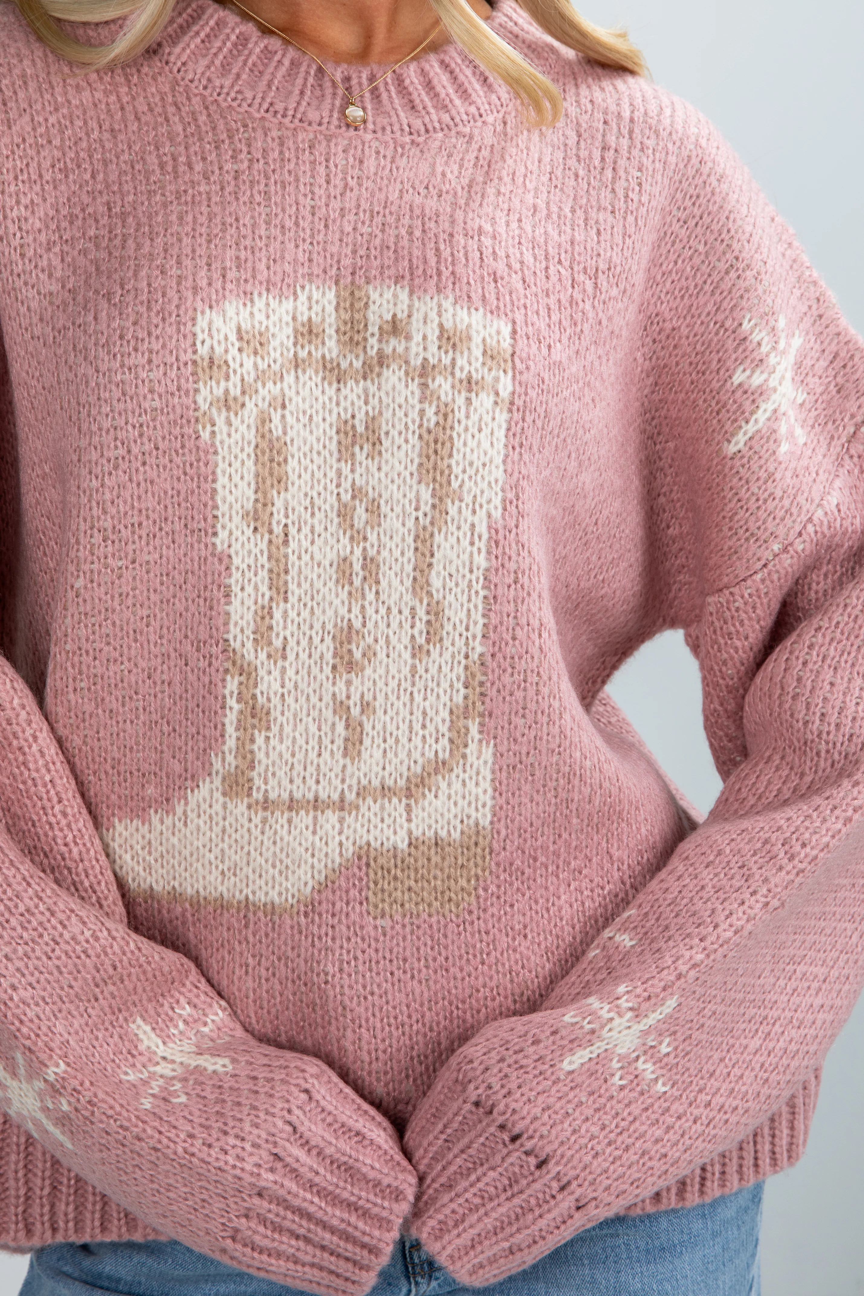 FINAL SALE - Picking Sides Blush Cowboy Boot Sweater