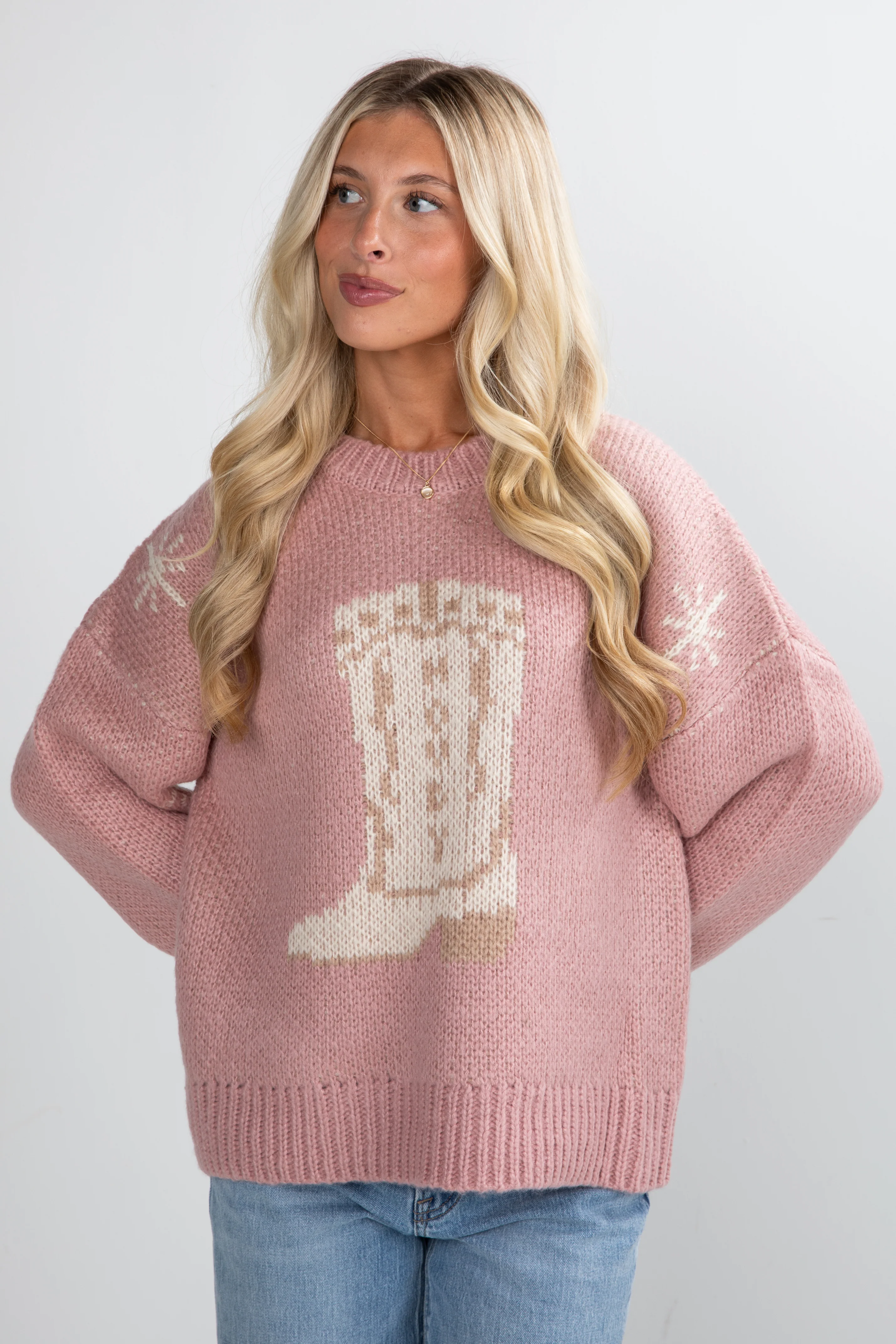 FINAL SALE - Picking Sides Blush Cowboy Boot Sweater