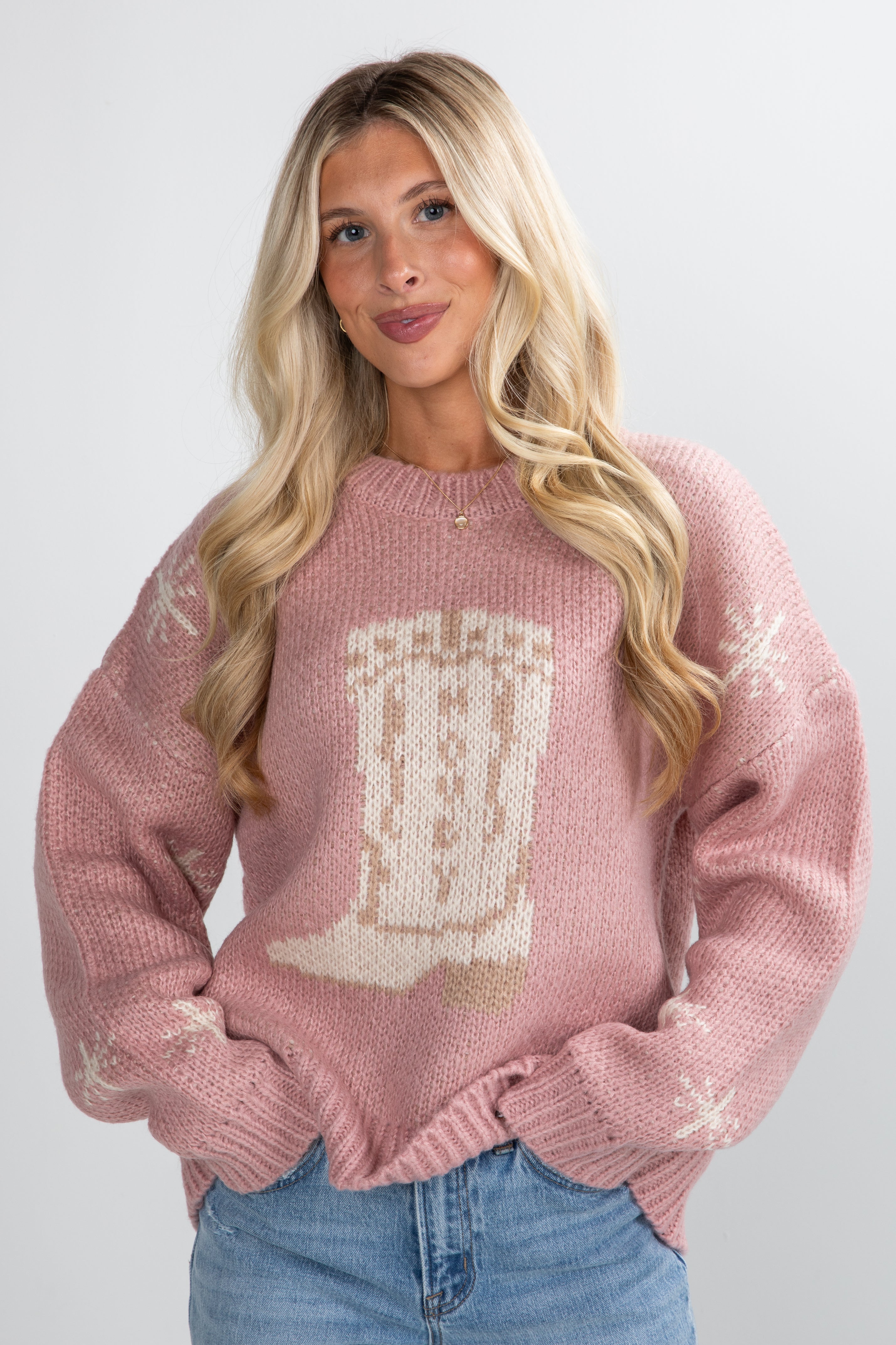 FINAL SALE - Picking Sides Blush Cowboy Boot Sweater