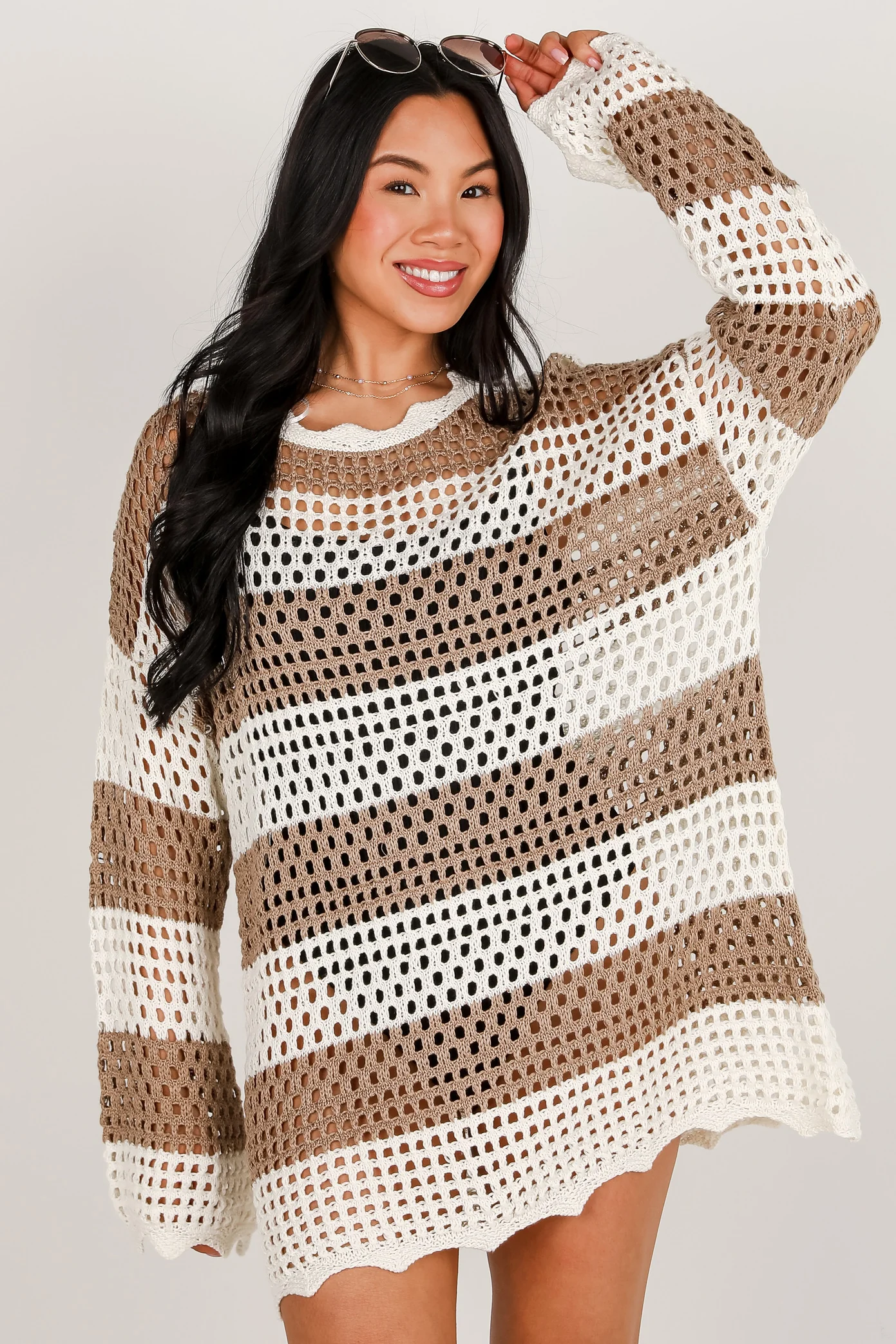 FINAL SALE - On The Coast Mocha Striped Crochet Tunic