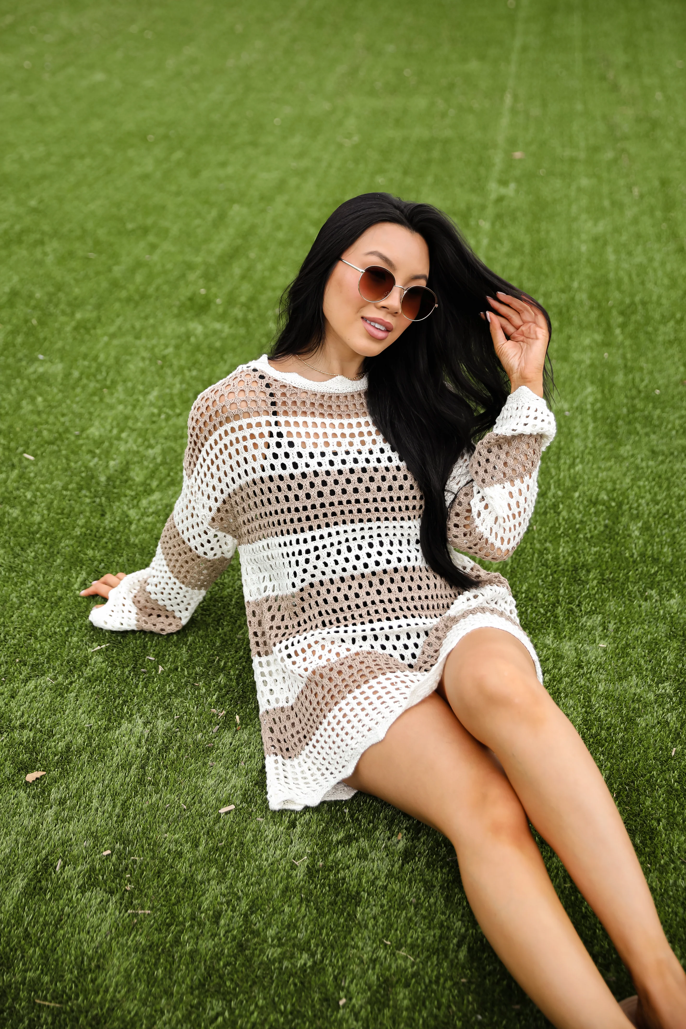 FINAL SALE - On The Coast Mocha Striped Crochet Tunic