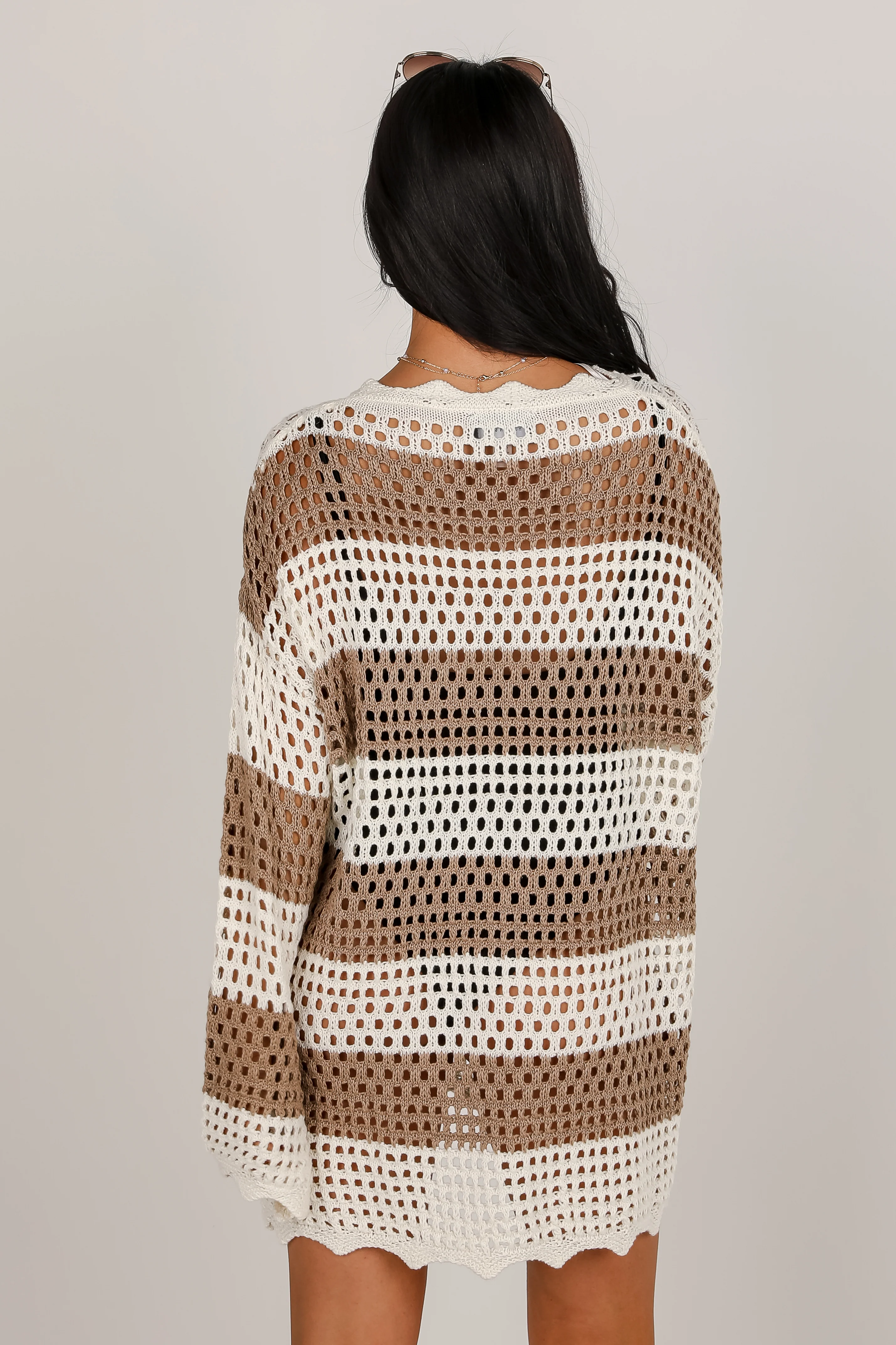 FINAL SALE - On The Coast Mocha Striped Crochet Tunic