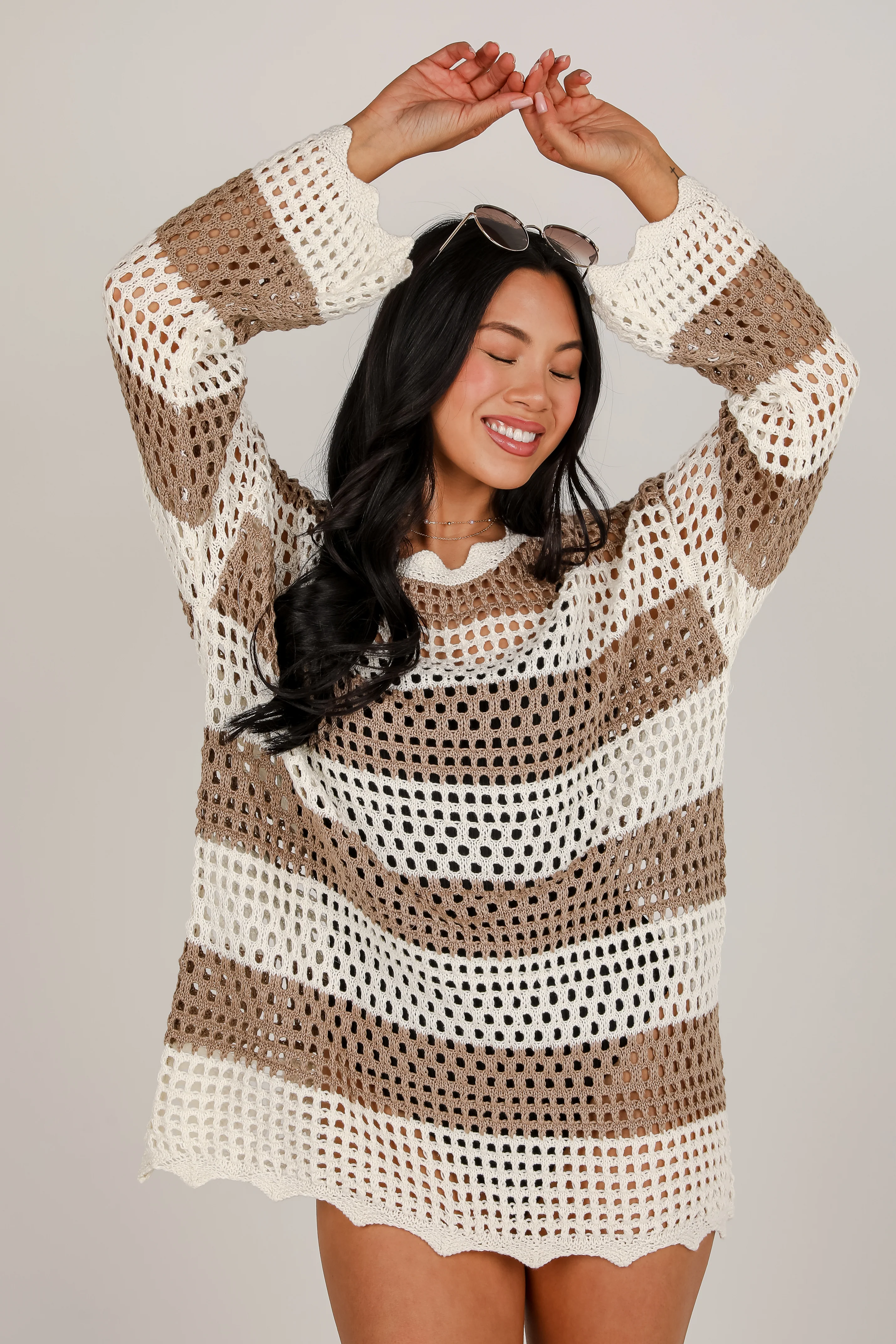FINAL SALE - On The Coast Mocha Striped Crochet Tunic