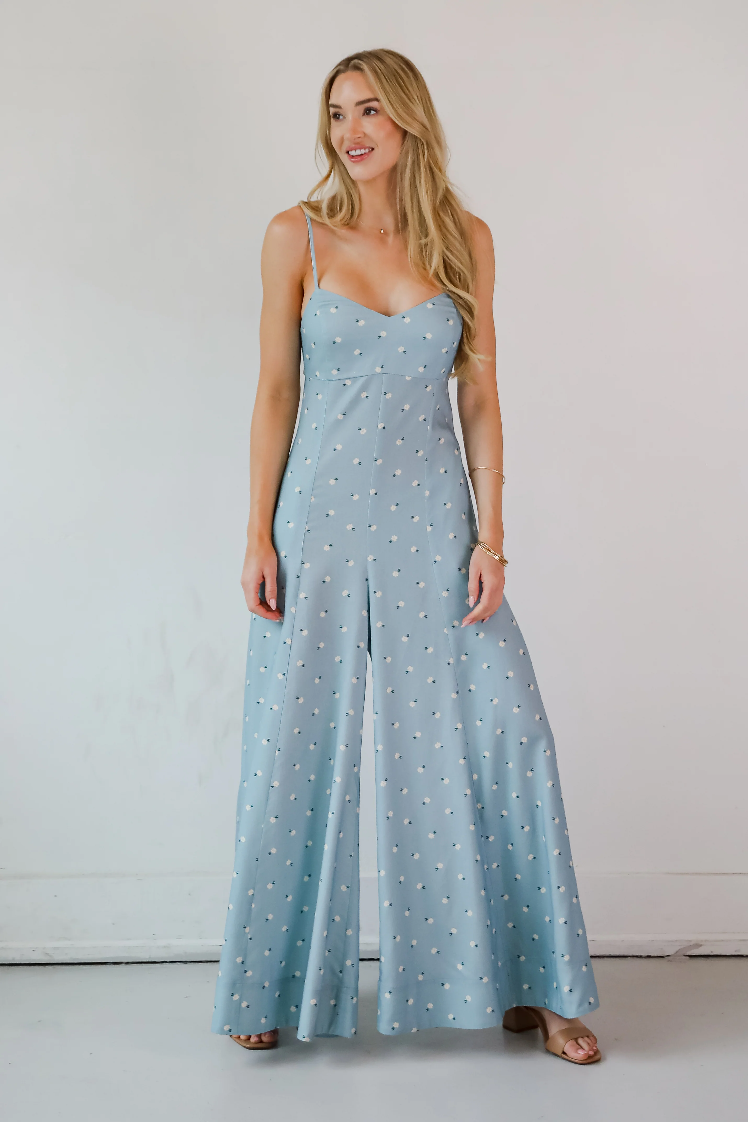 FINAL SALE - Cheerful Season Denim Floral Wide Leg Jumpsuit