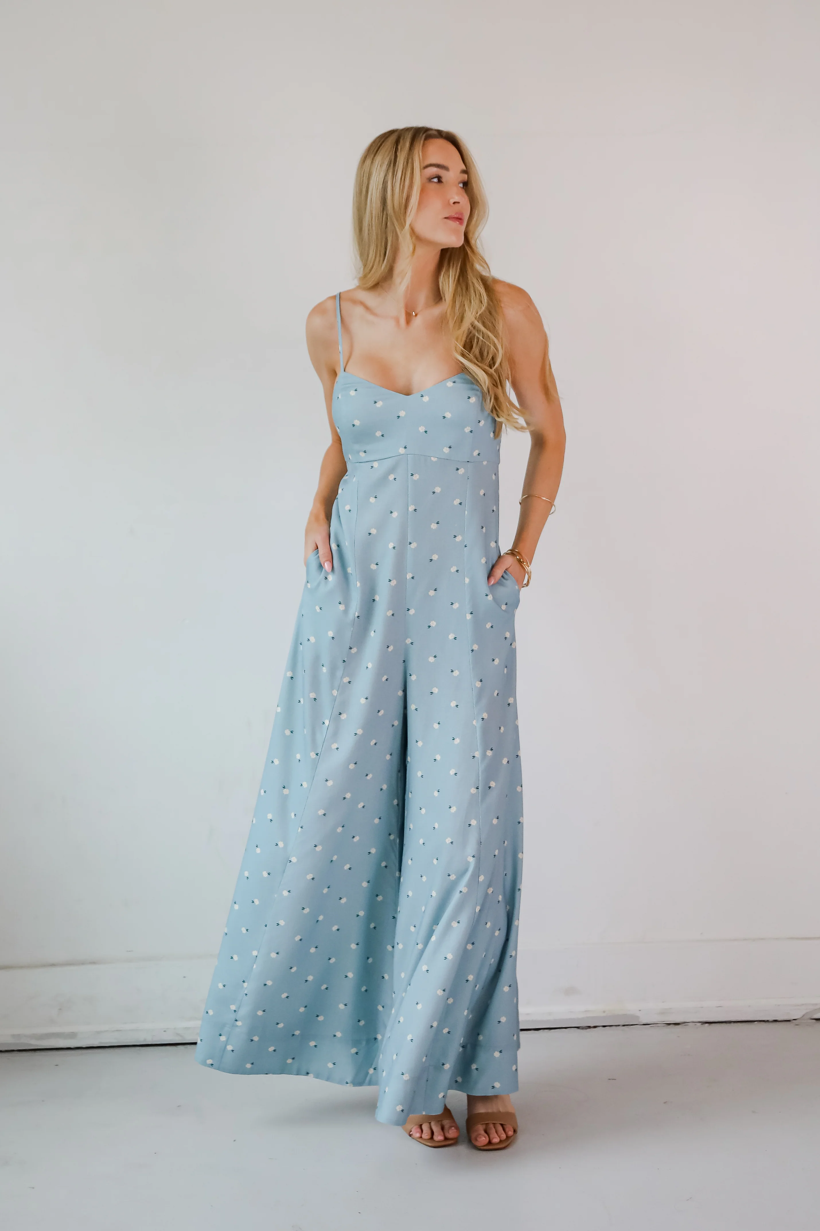 FINAL SALE - Cheerful Season Denim Floral Wide Leg Jumpsuit