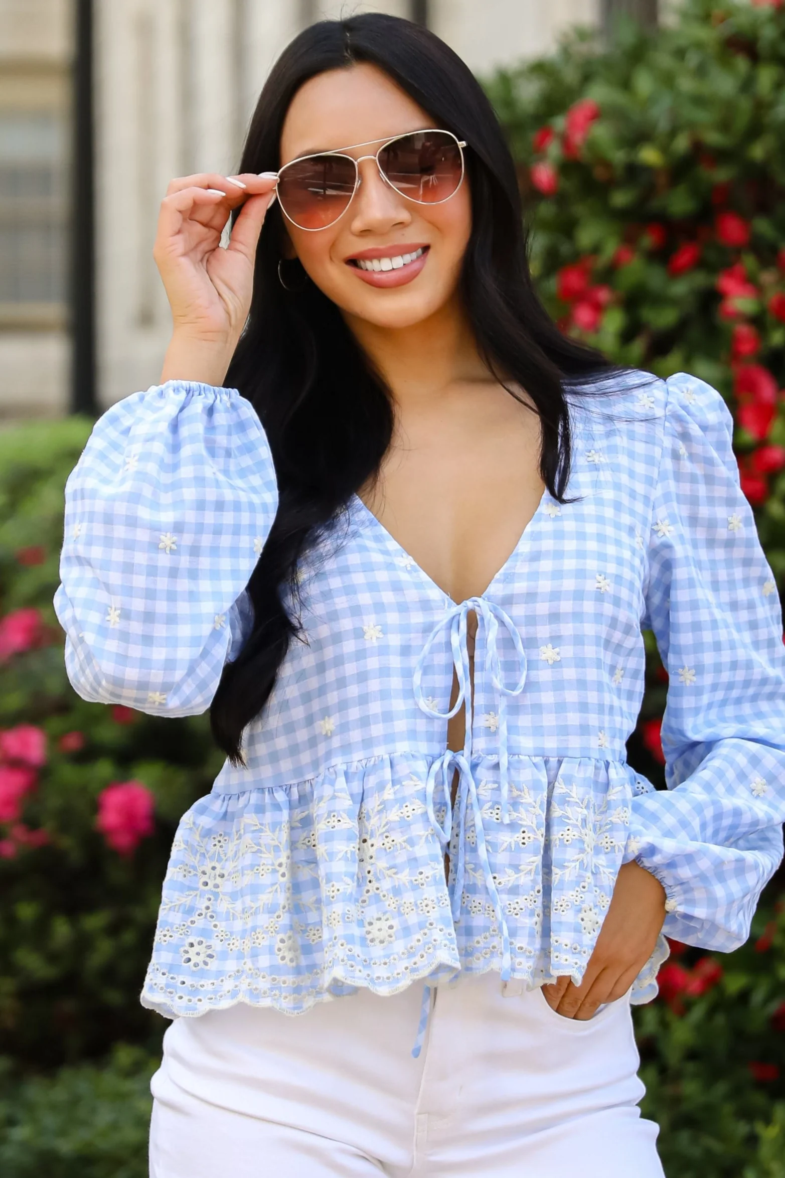 FINAL SALE - Classic Romance Blue Gingham Embroidered Bow Blouse