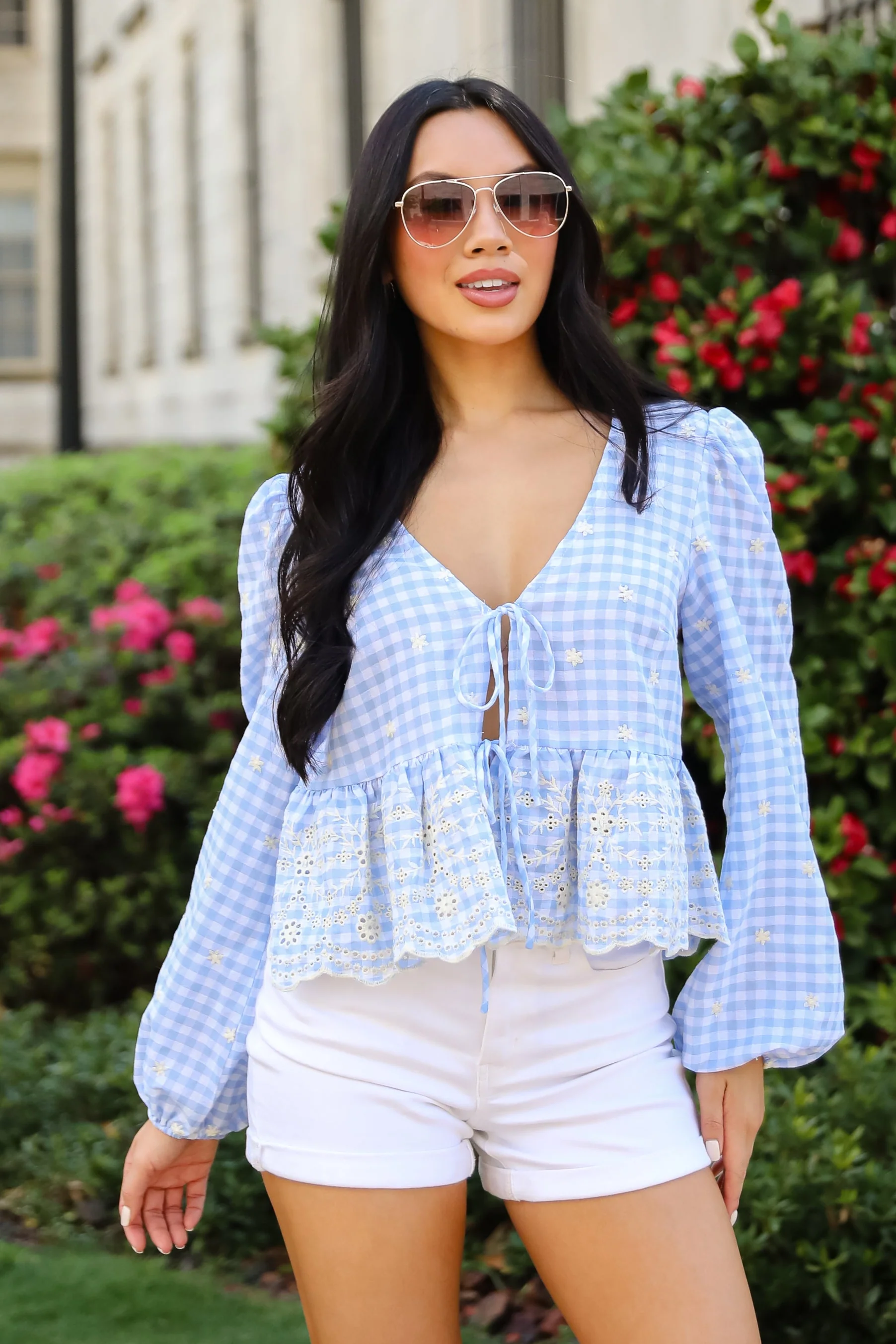 FINAL SALE - Classic Romance Blue Gingham Embroidered Bow Blouse
