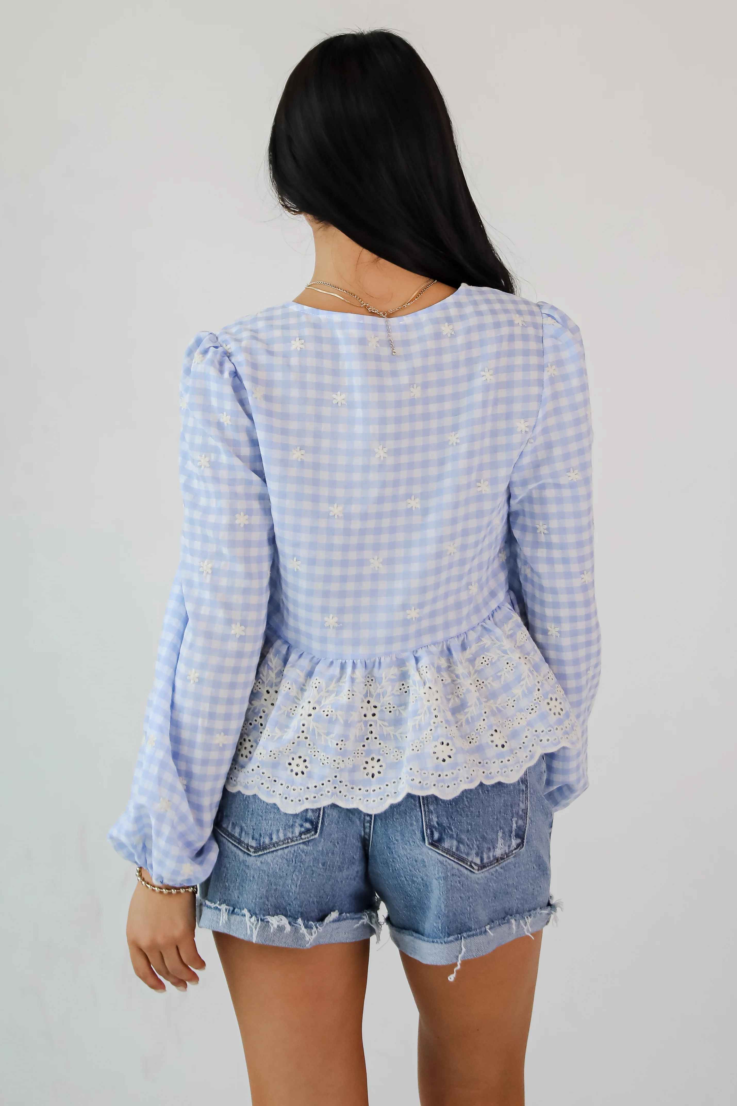 FINAL SALE - Classic Romance Blue Gingham Embroidered Bow Blouse 4 FINAL SALE - Classic Romance Blue Gingham Embroidered Bow Blouse