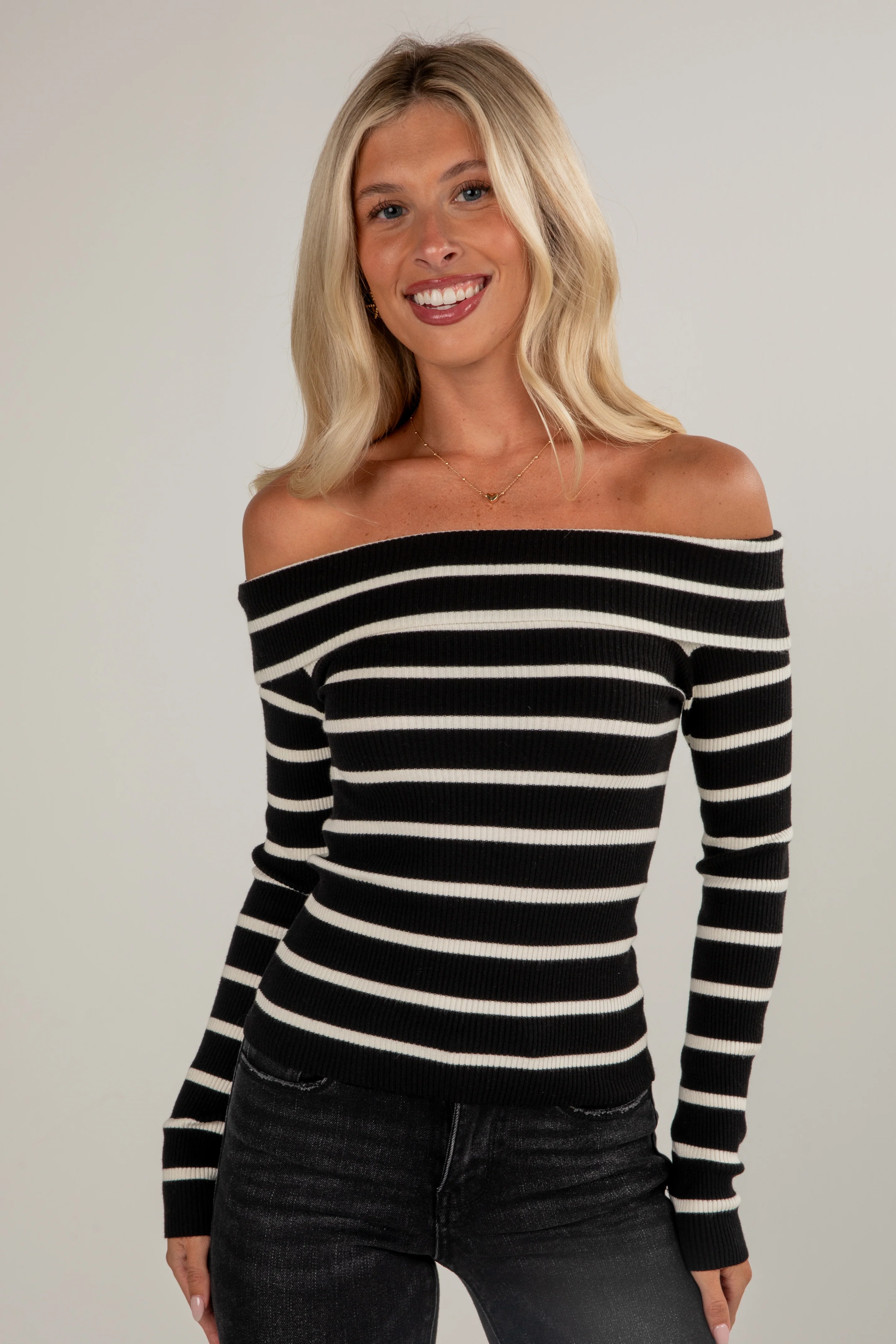FINAL SALE - Care For You Black Striped Knit Off-The-Shoulder Top - DU DEAL 3 FINAL SALE - Care For You Black Striped Knit Off-The-Shoulder Top - DU DEAL