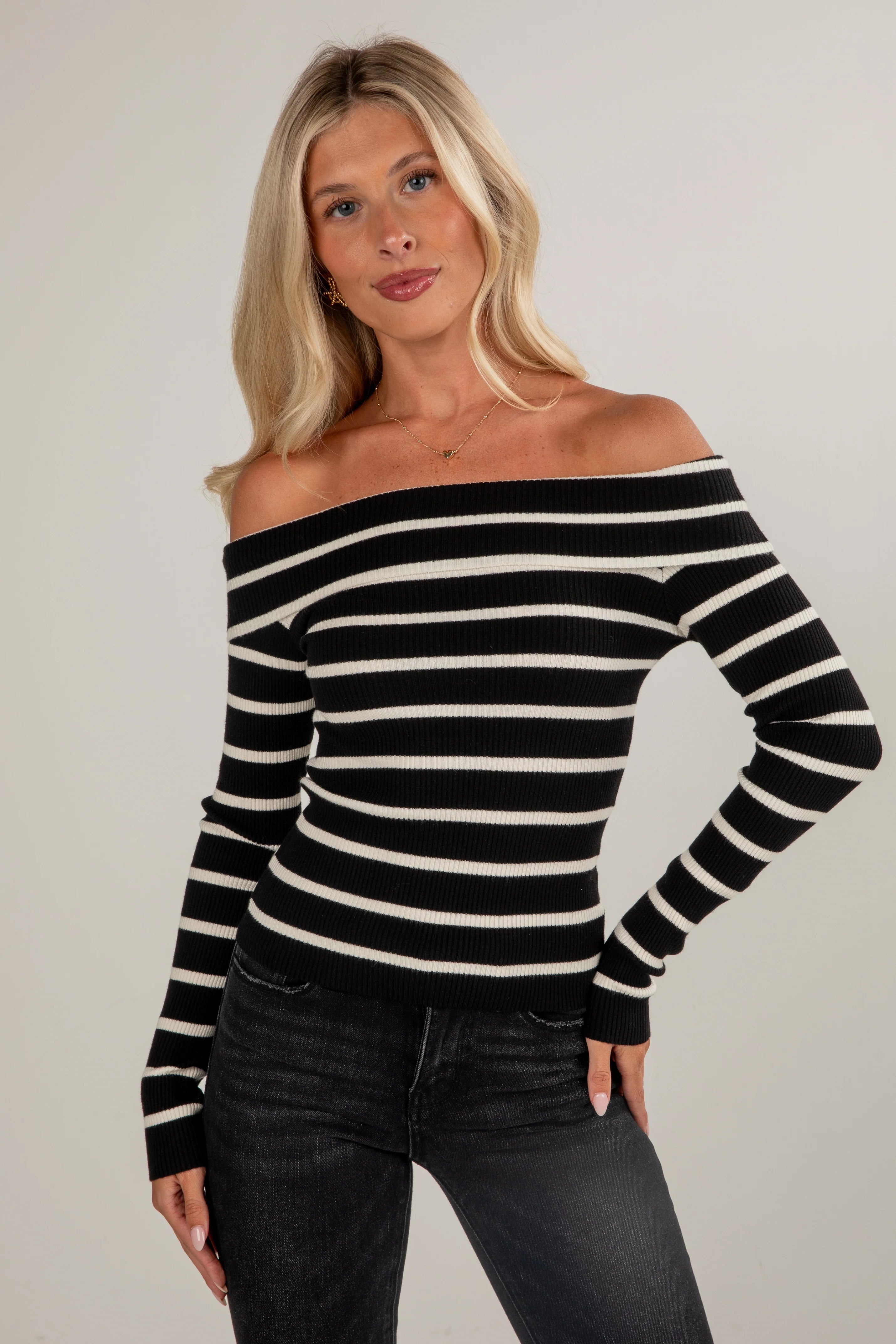FINAL SALE - Care For You Black Striped Knit Off-The-Shoulder Top - DU DEAL 7 FINAL SALE - Care For You Black Striped Knit Off-The-Shoulder Top - DU DEAL