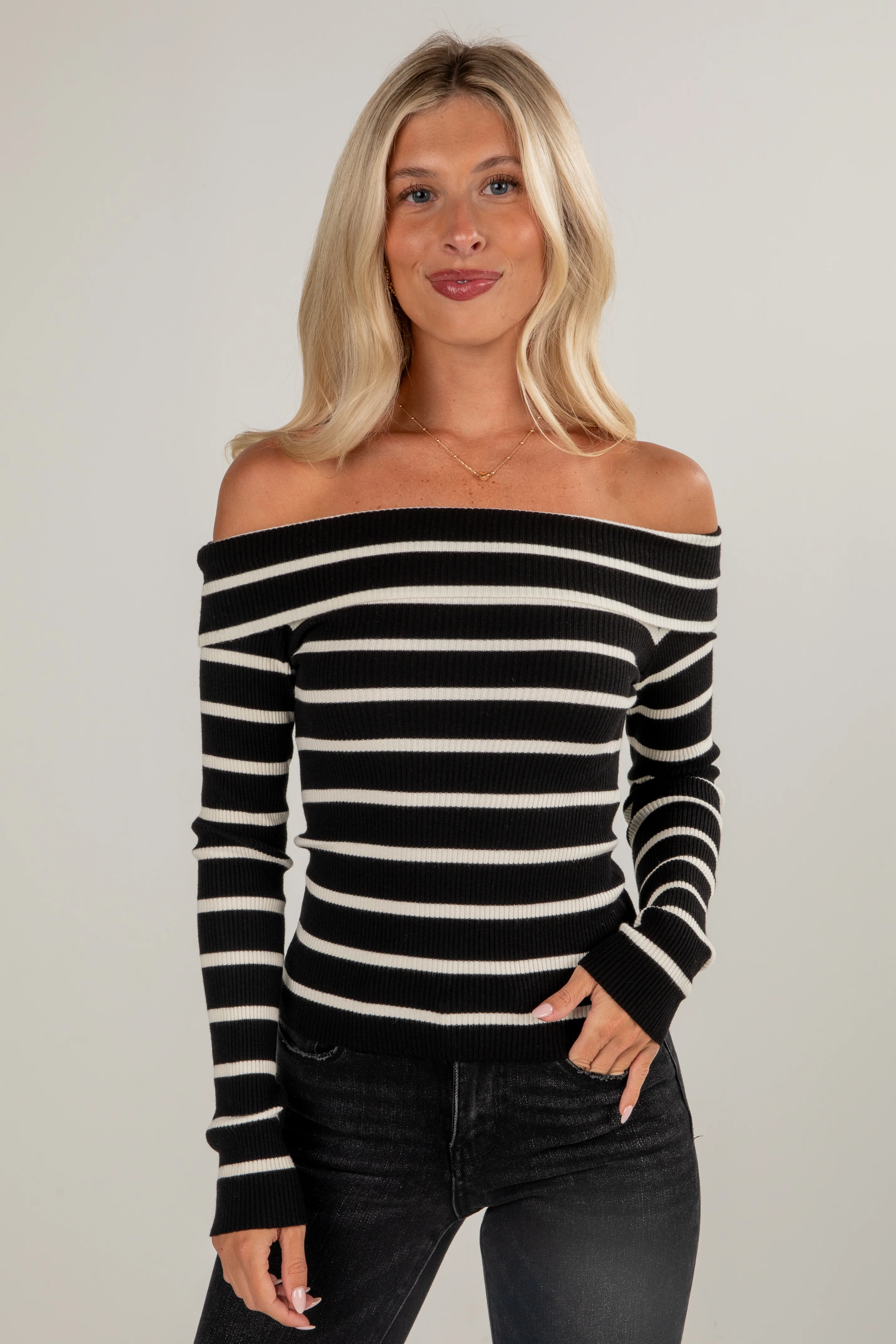 FINAL SALE - Care For You Black Striped Knit Off-The-Shoulder Top - DU DEAL 9 FINAL SALE - Care For You Black Striped Knit Off-The-Shoulder Top - DU DEAL